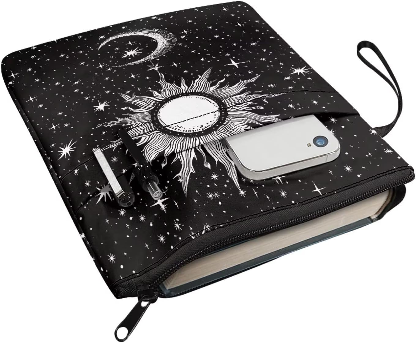 chaqlin Book Protector Sleeve for Book Lovers Gifts Moon & Sun Stars Washable Paperback Bookcover Pouch with Zipper and Front Pocket for Women Bookish Bookworm Library Reading Club
