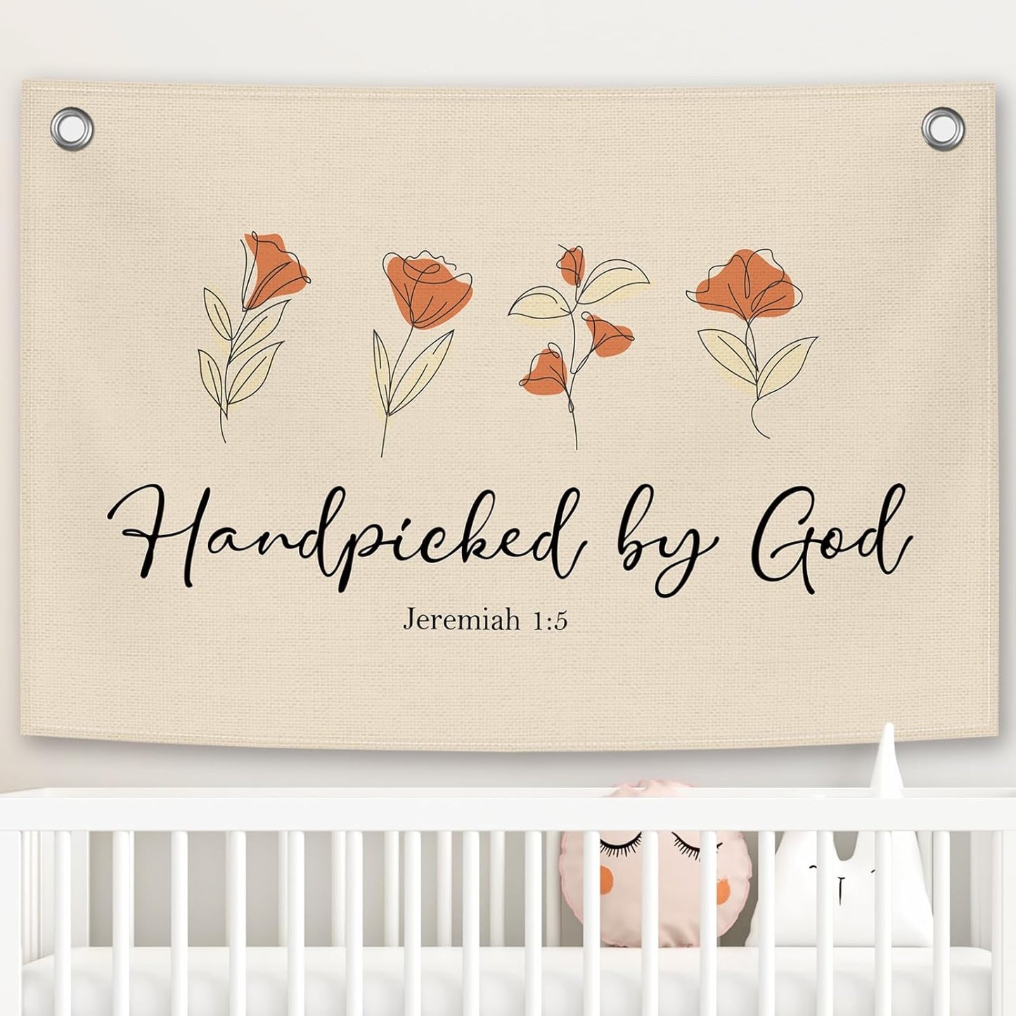Nursery Christian Kids Banner Canvas, Flower Floral Toddler Room Decor,Handpicked by God Hanging Flag Sign, Positive Wall Tapestry Art for Baby Shower Classroom Playroom Bedroom Decor 20x30in