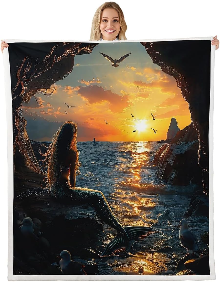 Castle Fairy 3D Mermaid Blanket Twin 60x80 Dreamy Sunset Landscape Blanket for Boys Girls Sea Mew Birds Sherpa Blanket Glitter Mermaid Tail Blanket Living Room Decor