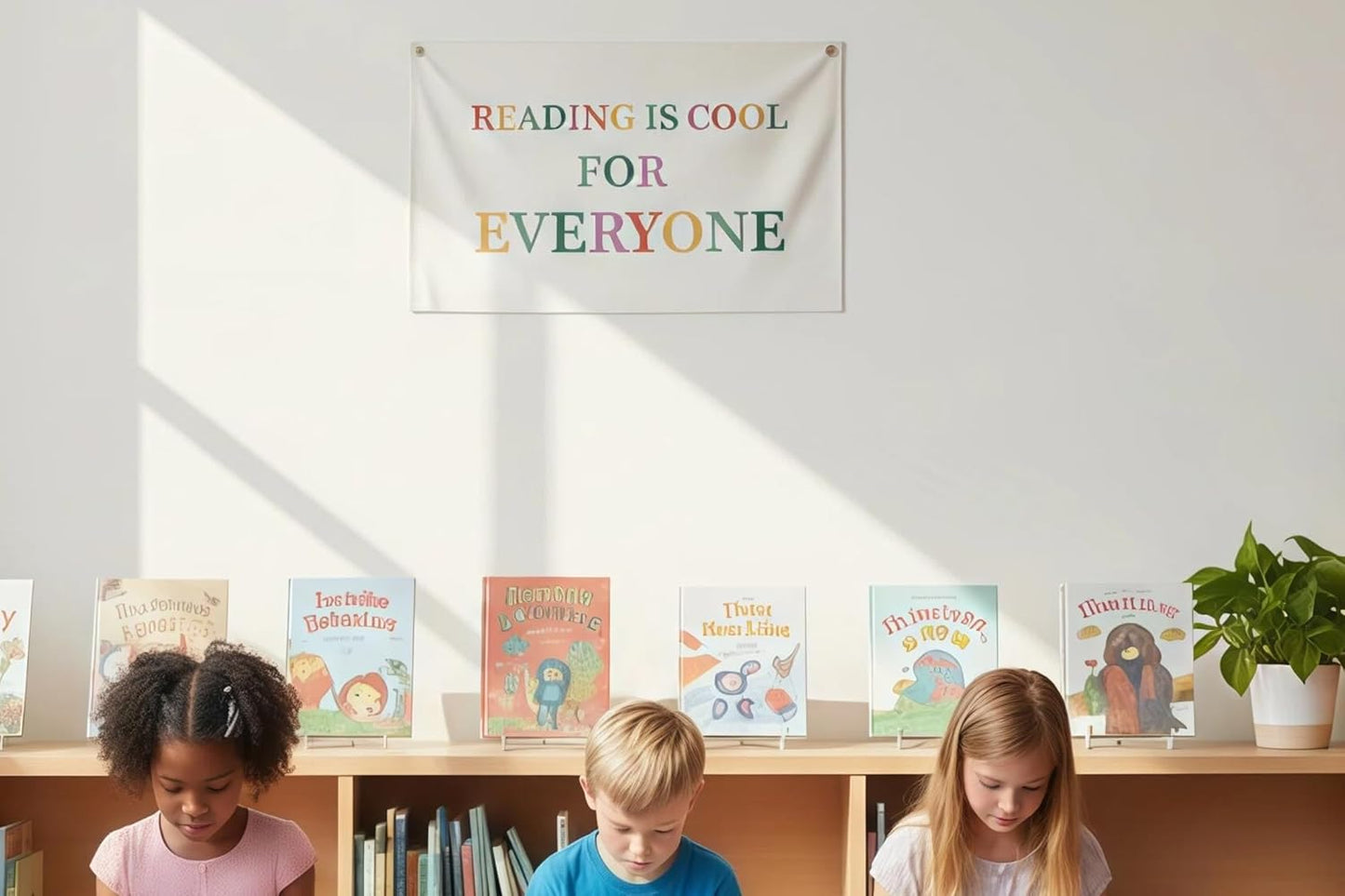 Canvas Wall Hanging Banner Decor (30"L x 20"W), "READING IS COOL FOR EVERYONE" Inspirational Fabric Sign, Boho Minimalist Wall Art with Metal Grommets for Library, Classroom, Studio & Home Office