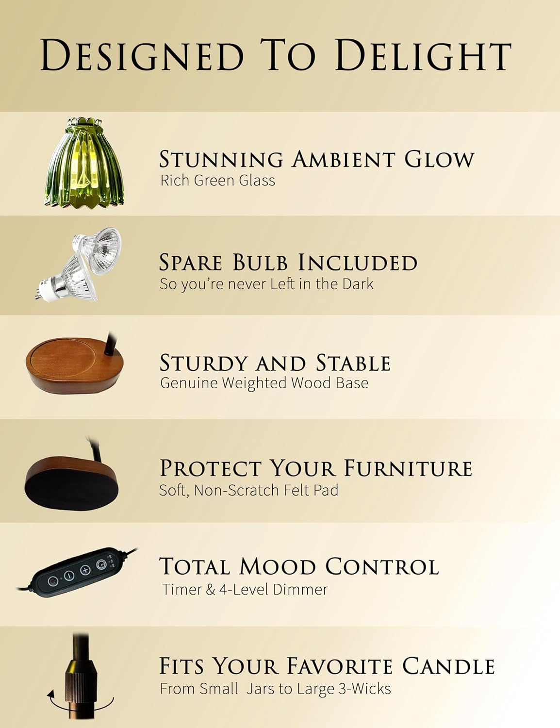 Green Candle Warmer Lamp with Timer - Wax Melt Warmer, Dimmable Electric Candle Lamp, Dark Academia Cottagecore Boho Decor, Adjustable Height, Genuine Wood Base, 2 Bulbs Included, Gift for Her