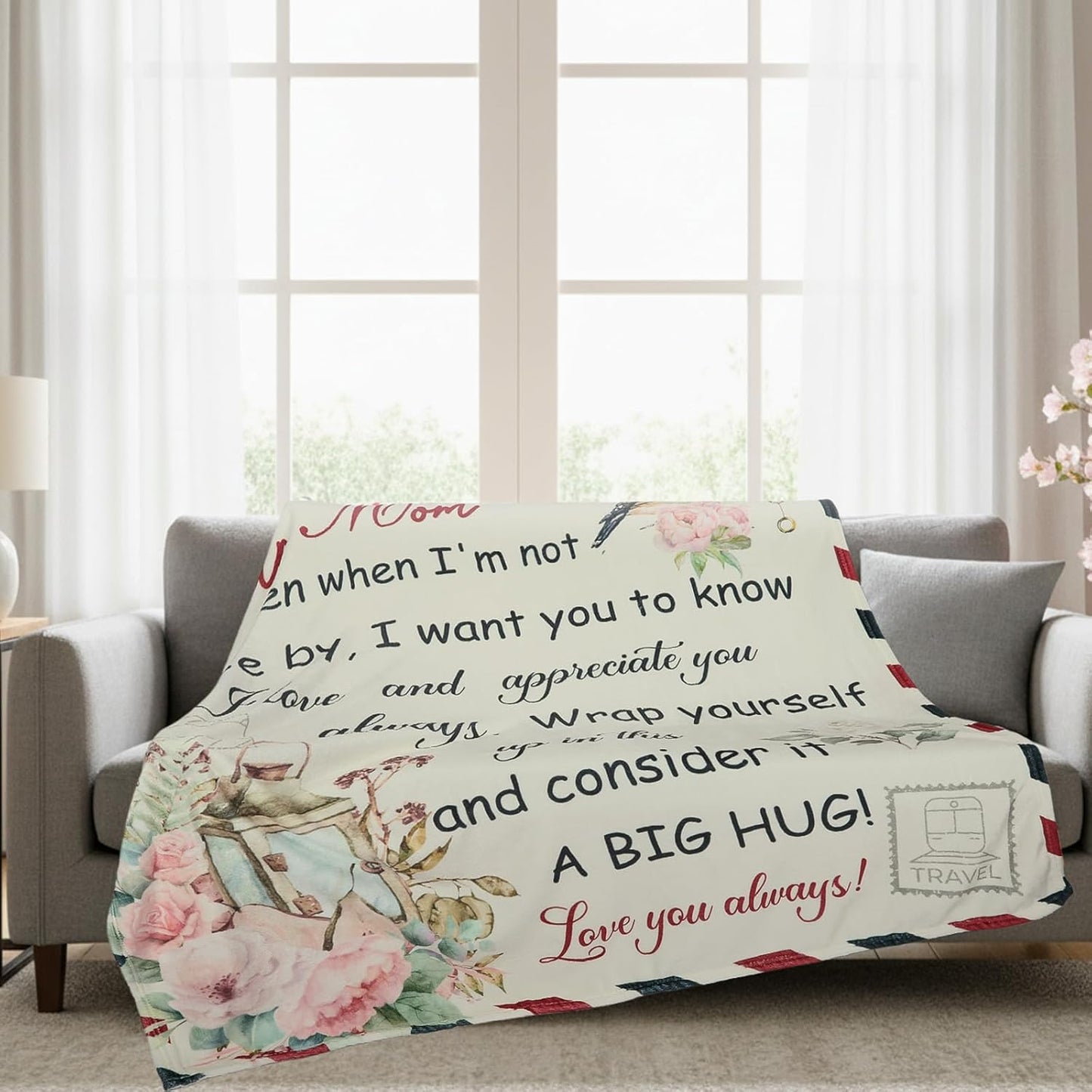 Mom Blanket with Flowers & Letter Print, Mom Gifts for Birthday, Mother’s Day, Christmas, Thanksgiving, Gifts for Mother from Children, Soft Throw Blanket 50" x 60"