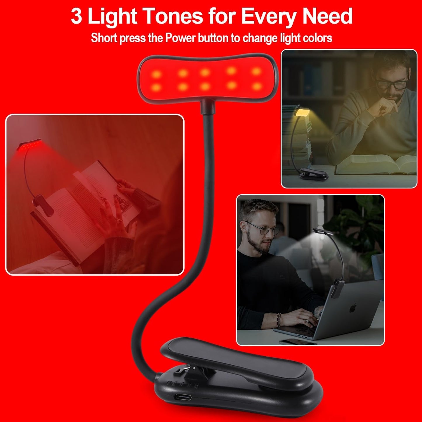 630nm Red Book Light - Zero Blue Light, Rechargeable Clip On Red Reading Light for Reading at Night, Poratble Dimmable LED Book Lamp, Perfect for Travel Nursing Studying