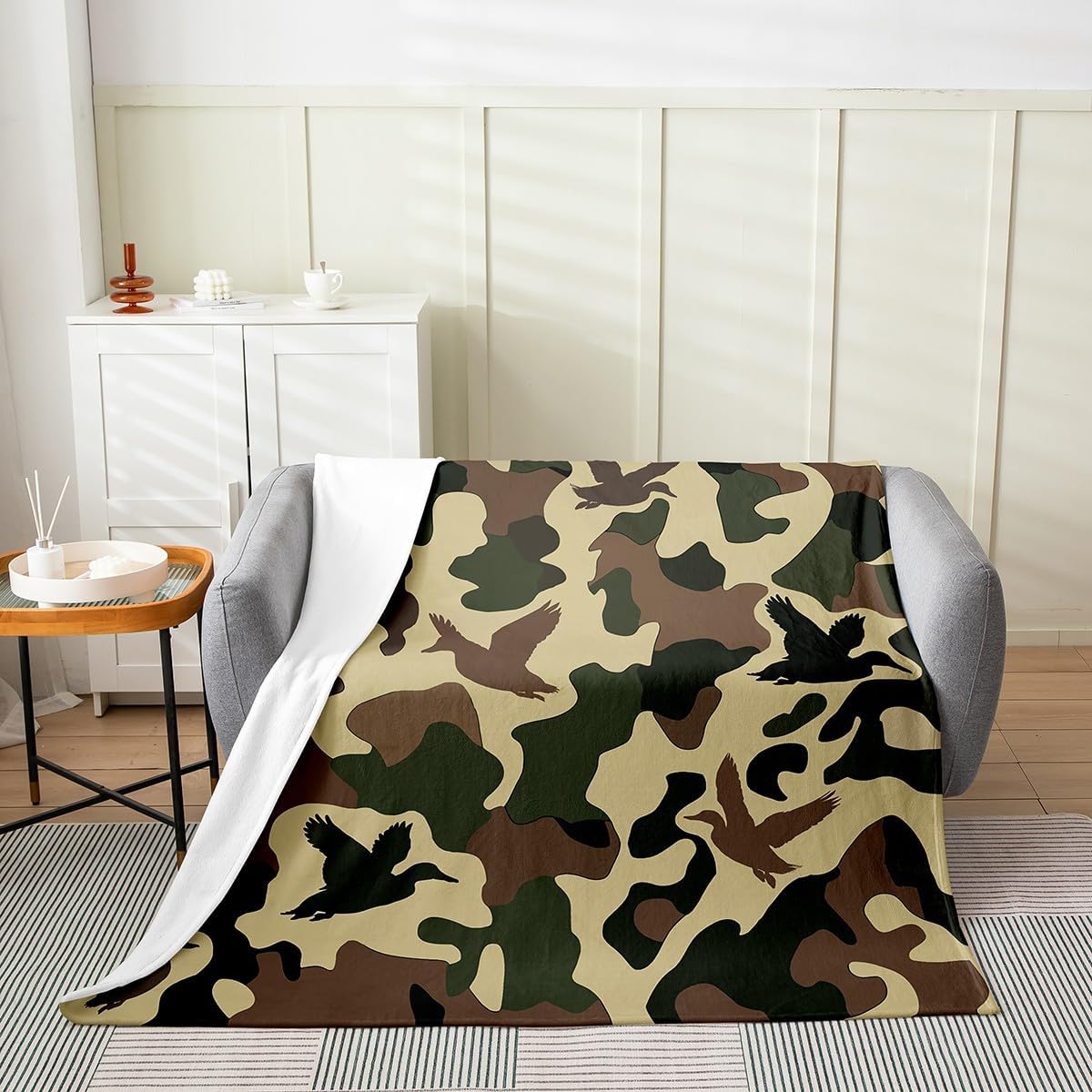 Erosebridal Farmhouse Flannel Blanket Camo Throw Blanket for Kids Army Camouflage Hunting Fleece Blanket Vintage Brown Green Room Decor Wild Animal Duck Rustic Blanket Queen Inch