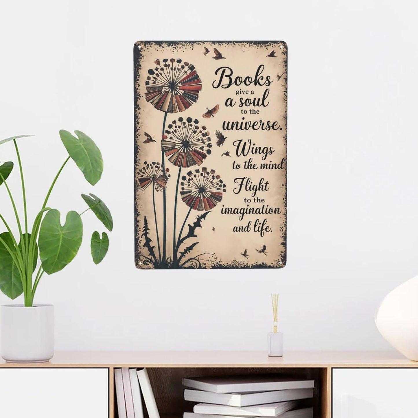 Humorous phrase wall art featuring Love Reading Book Gives Soul Universe Wings To The Mind Metal Wall Sign With Vintage Coating Ideal For Library Decor 8x12 inch metal sign for apartment or dorm
