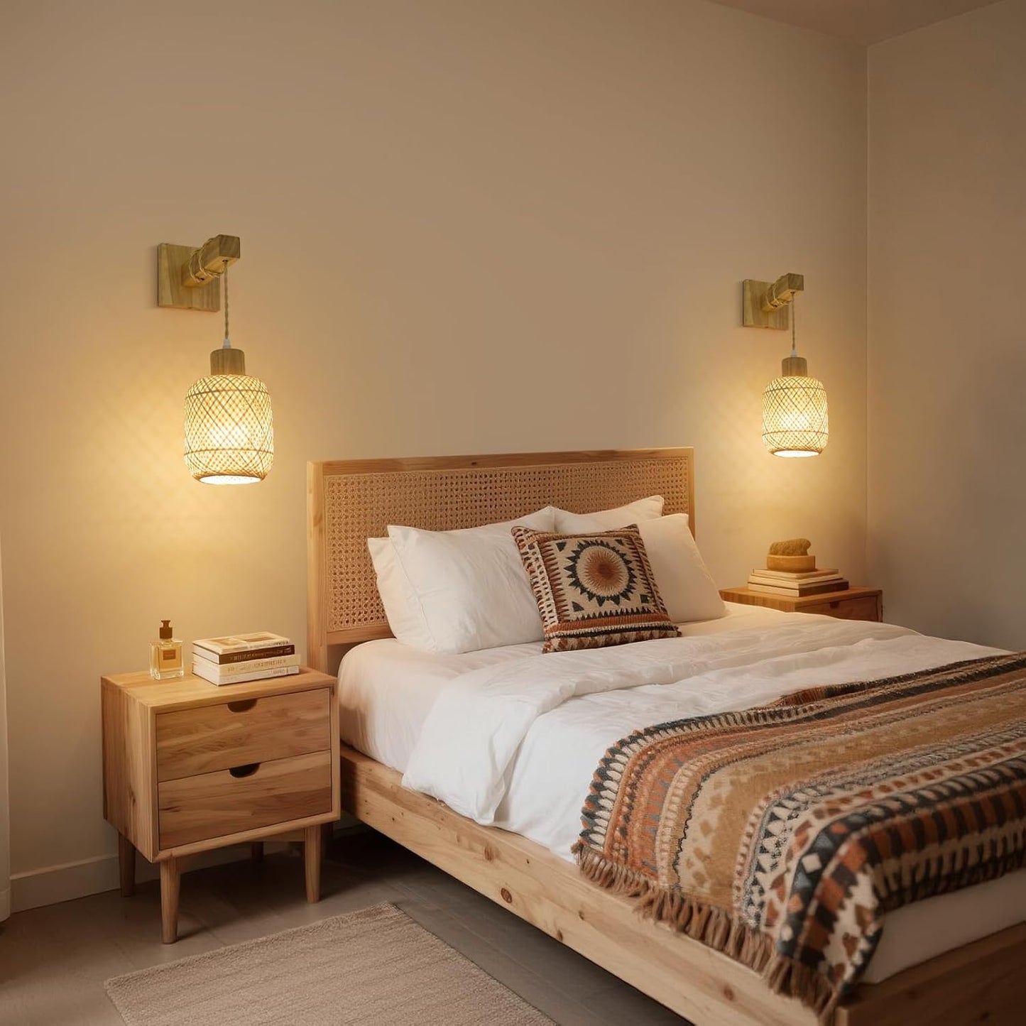 Battery Operated Wall Sconces Set of Two, Bamboo Lantern Rechargeable Wall Sconce with Remote, 15 Colors Dimmable Boho Wireless Wall Lights for Bedroom, Living Room, Wall Decor