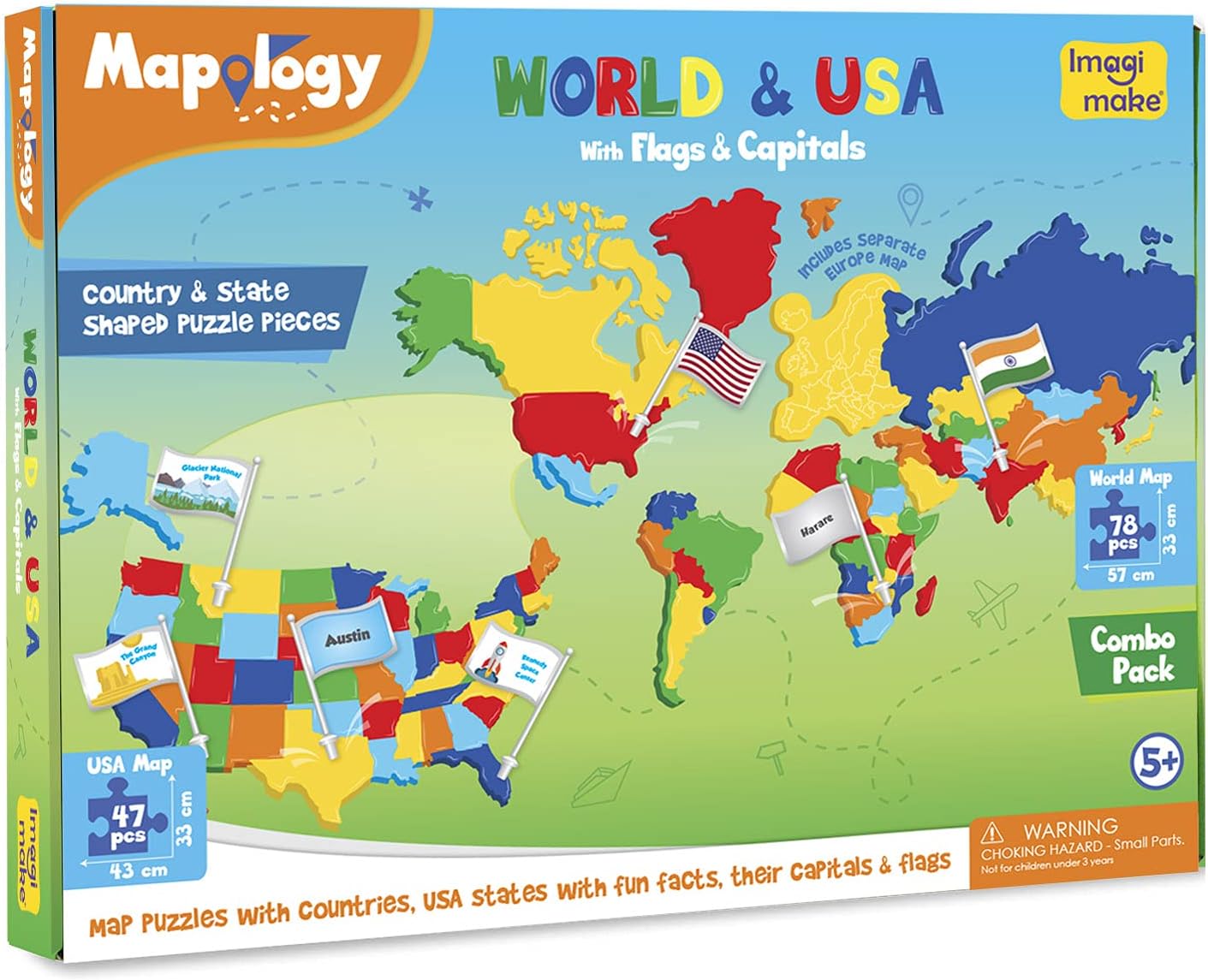 Imagimake Mapology USA & World Map Puzzle with Flags, Capitals, Stickers | Educational Toys for Ages 5-7 | Jigsaw Puzzles for Kids Ages 8-10 | Geography Toys | Easter Gifts for 6 Year Old Girl & Boy