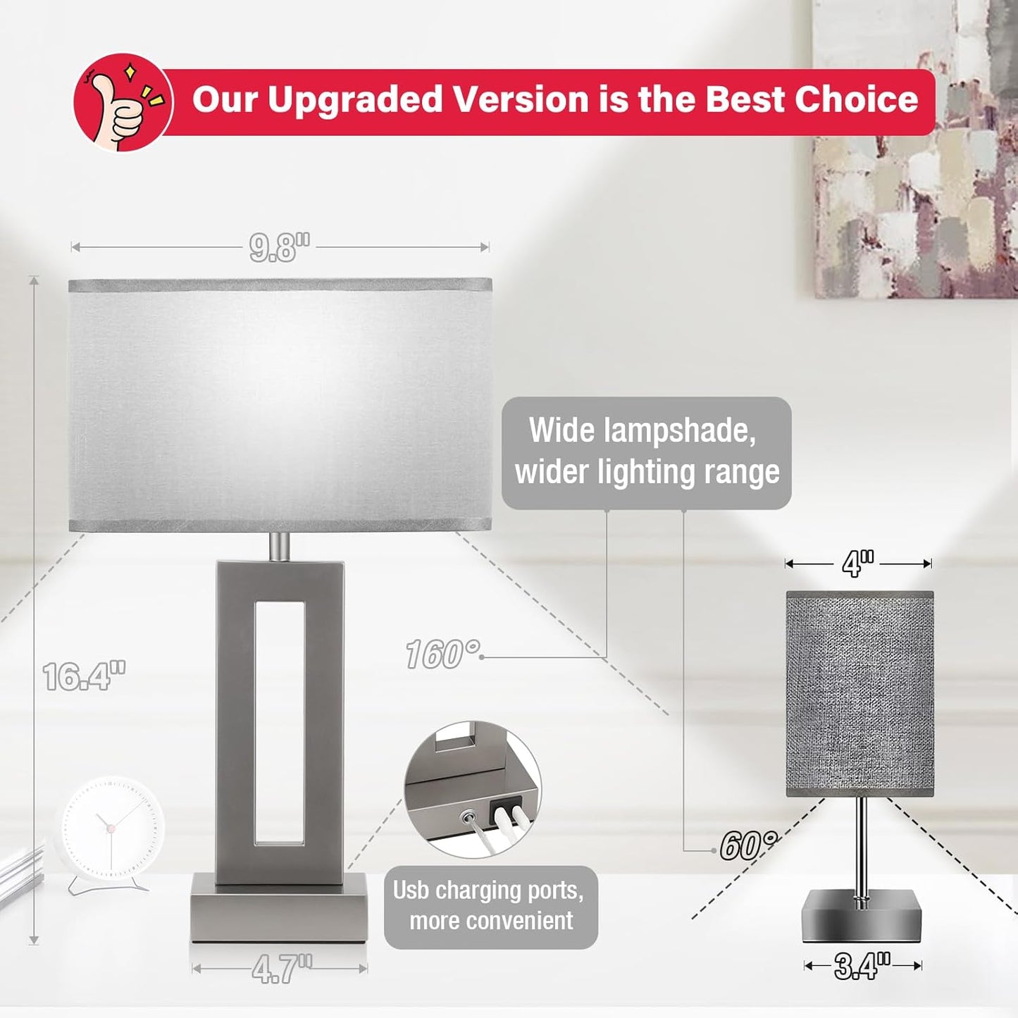 Seealle Bedroom Table Lamps Set of 2 - Grey Touch Bedside Lamps with USB C+A, 3 Way Dimmable Gold Lamp for Nightstand, Modern Night Stands Lamps for Living Room End Tables