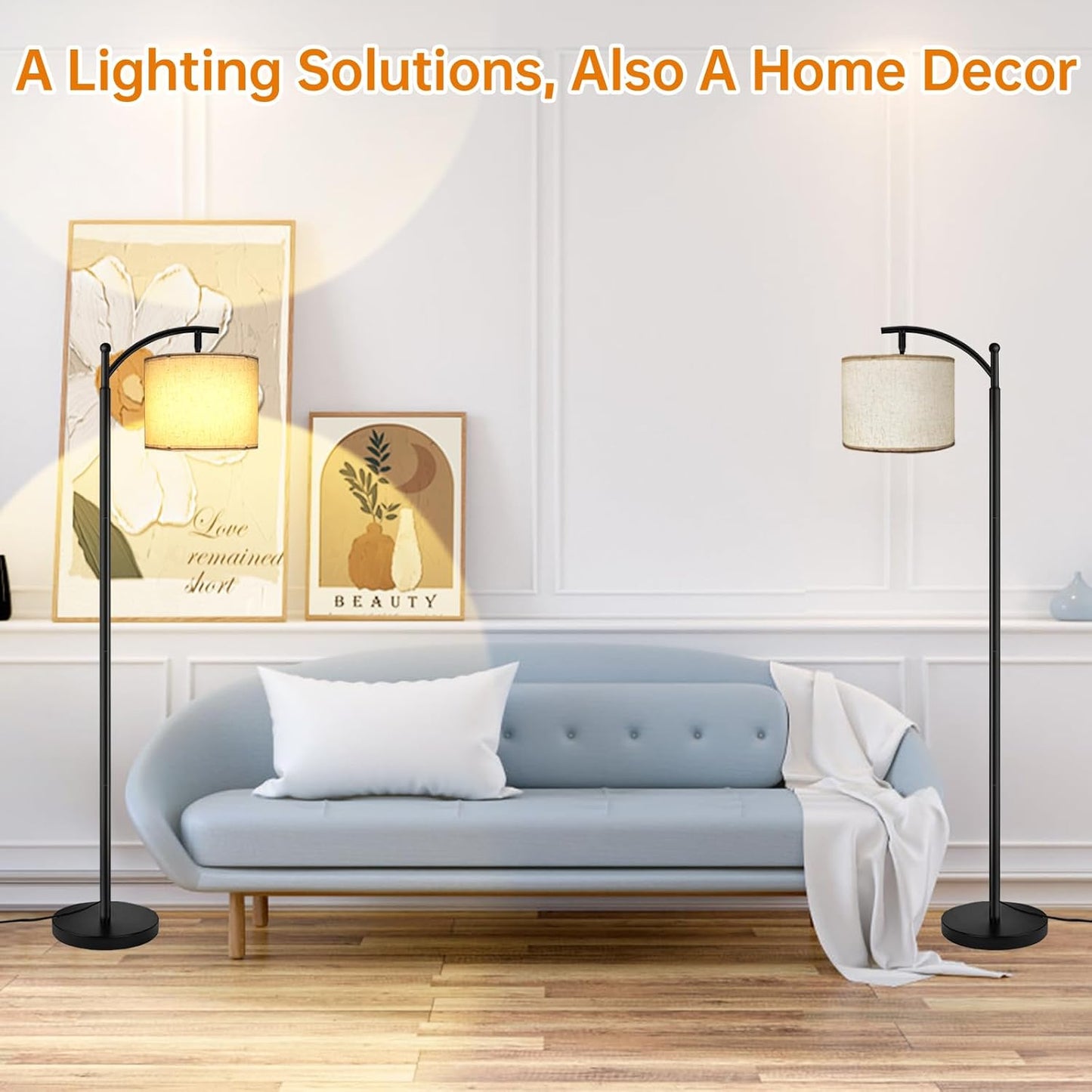 LED Floor Lamps for Living Room, 12W 1200LM Modern Arc Floor Lamp with Remote & Adjustable Linen Lampshade, 12 Color Temperature Stepless Dimmable Tall Standing Lamp (Beige Shade)