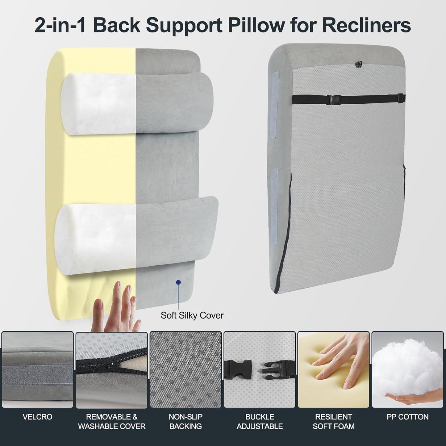 2-in-1 Neck & Lumbar Support Pillow with Adjustable Height and Ergonomic backrest Design, Suitable for recliners, Sofas, high-Back Rocking Chairs, Relieve Back Pressure.