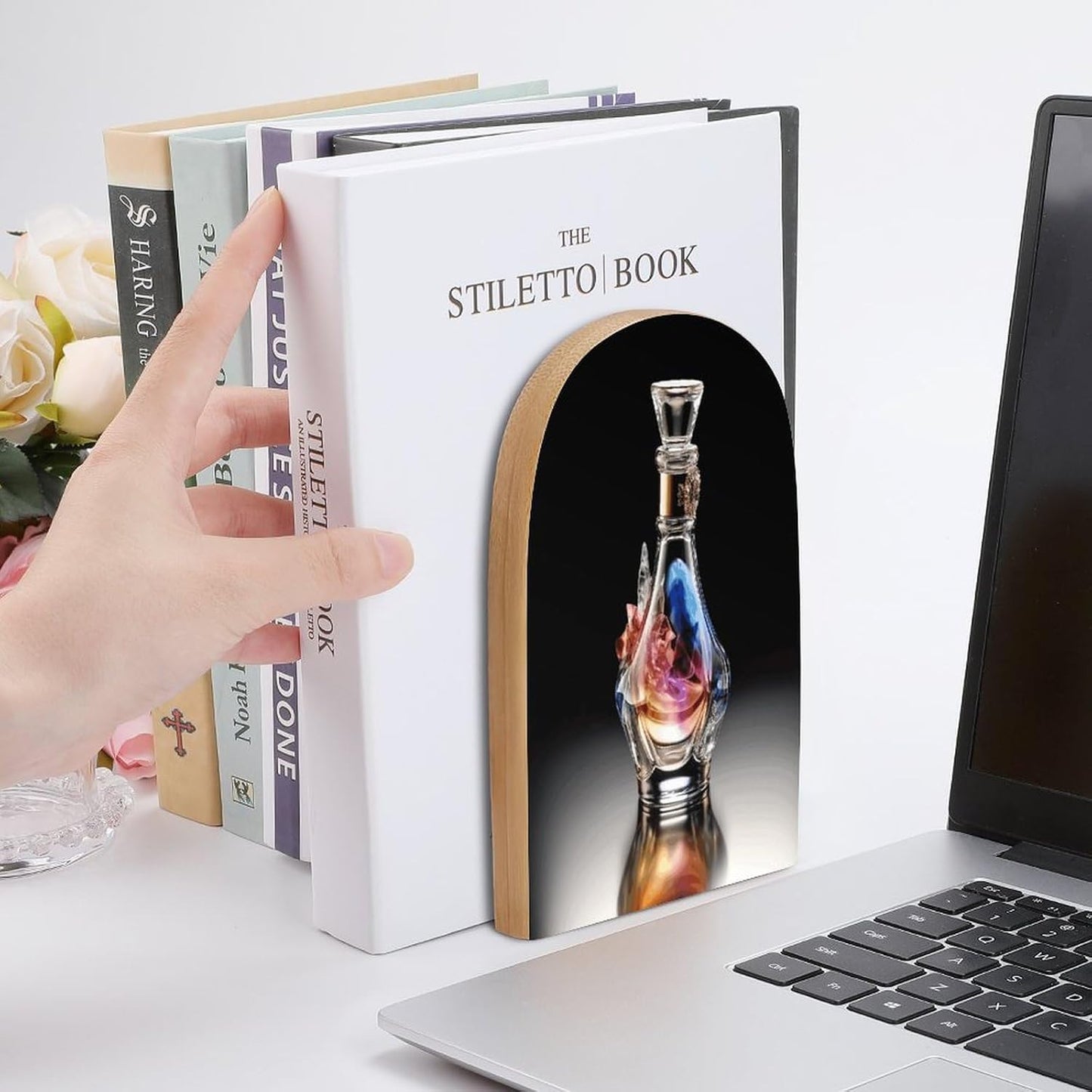 Perfume Bottle Bookend for Shelves Wooden Book End Large Size Sturdy Book Holders Stoppers with Metal Base for Bookshelves Slick Decorative Bookends Stands
