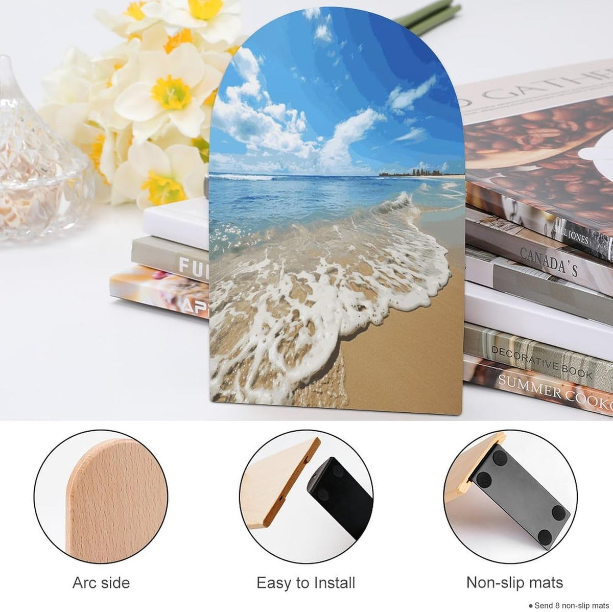 Sea and Beach Wooden Bookend Non-Slip Book Ends Heavy Duty Book Stopper with Metal Base Books Holderd Decorative Bookends Stands Firmly for Office Supplies