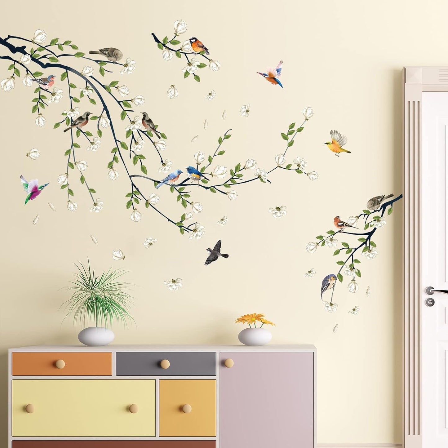 Green Vine Wall Decal White Flowers and Birds on Branch Natural View Wall Sticker DIY Detachable Peel and Stick Wall Art Mural for Living Room Bedroom offcie Home Decor