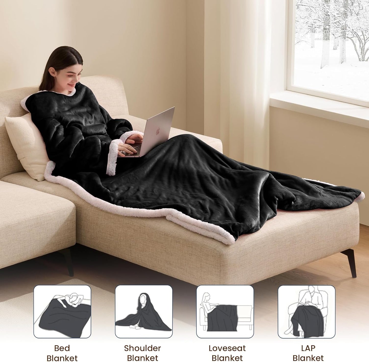 Heated Electric Blanket Wearable Throw - Heated Wearable Robe with Sleeves and Foot Pockets - Heating Blanket with 10-Level Heating Auto-Off Flannel Heated Hoodie for Adults(50''x75'', Black)