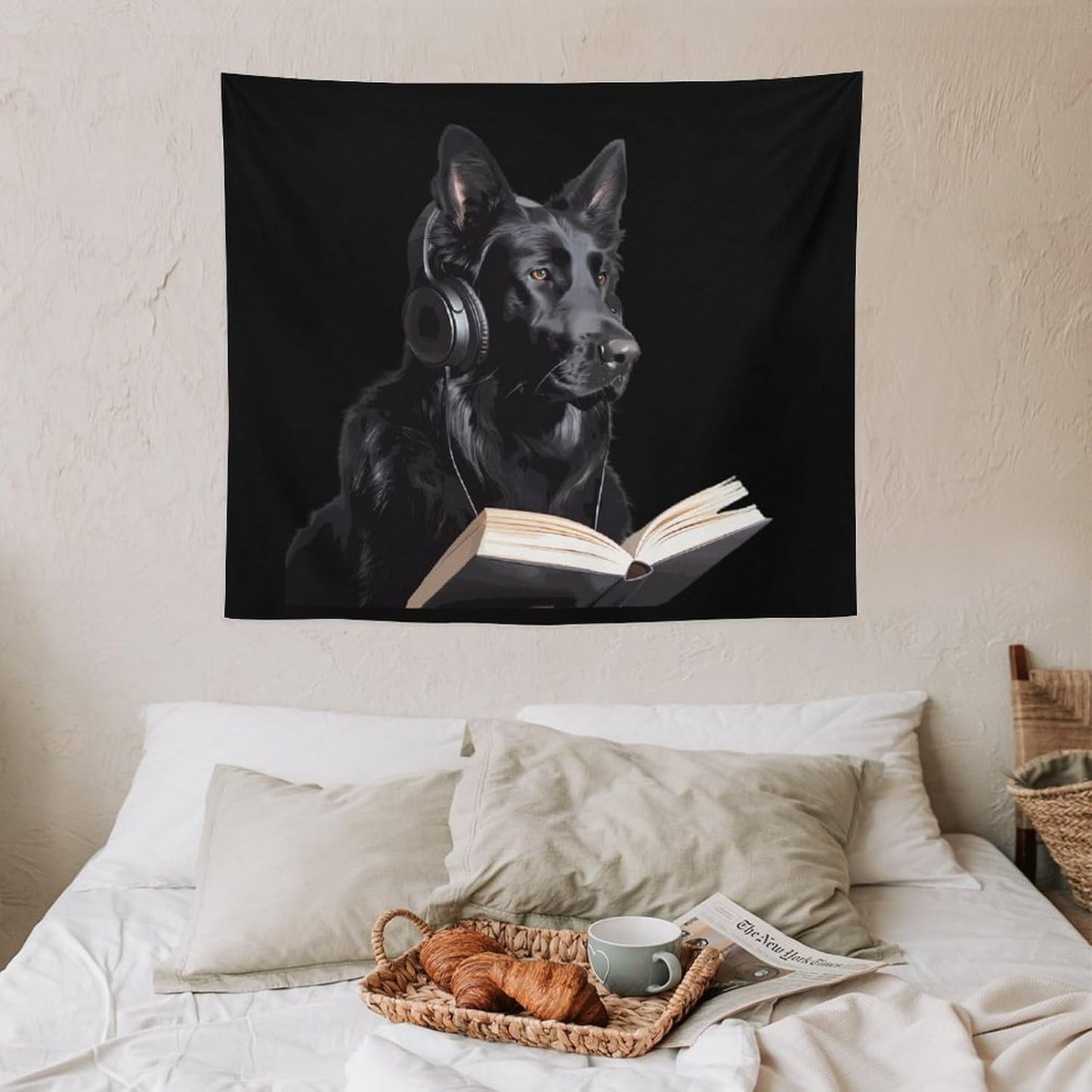 German Shepherd Wearing Headphones Reading Tapestry Photography Backdrop Wall Hanging Aesthetic Blanket Living Room Bedroom Decor Picnic Beach Mat