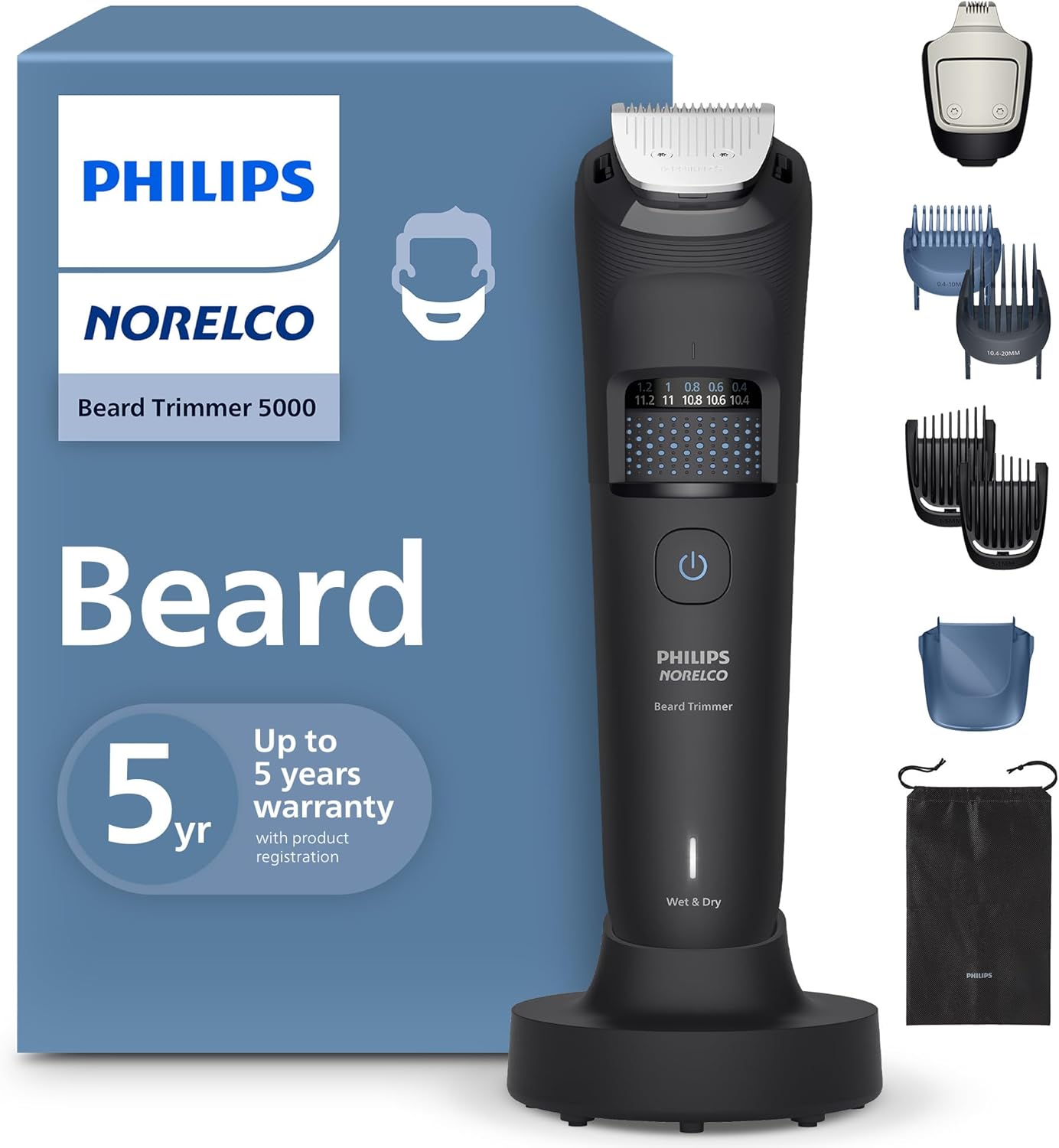 Norelco Philips Beard Trimmer 5000 Series, Men's Face Trimmer, 100% Waterproof BeardSense Tech, Precision Trimmer with Fading Combs, Self-Sharpening Blades, Hair Collector & Charging Stand, BT5785/40