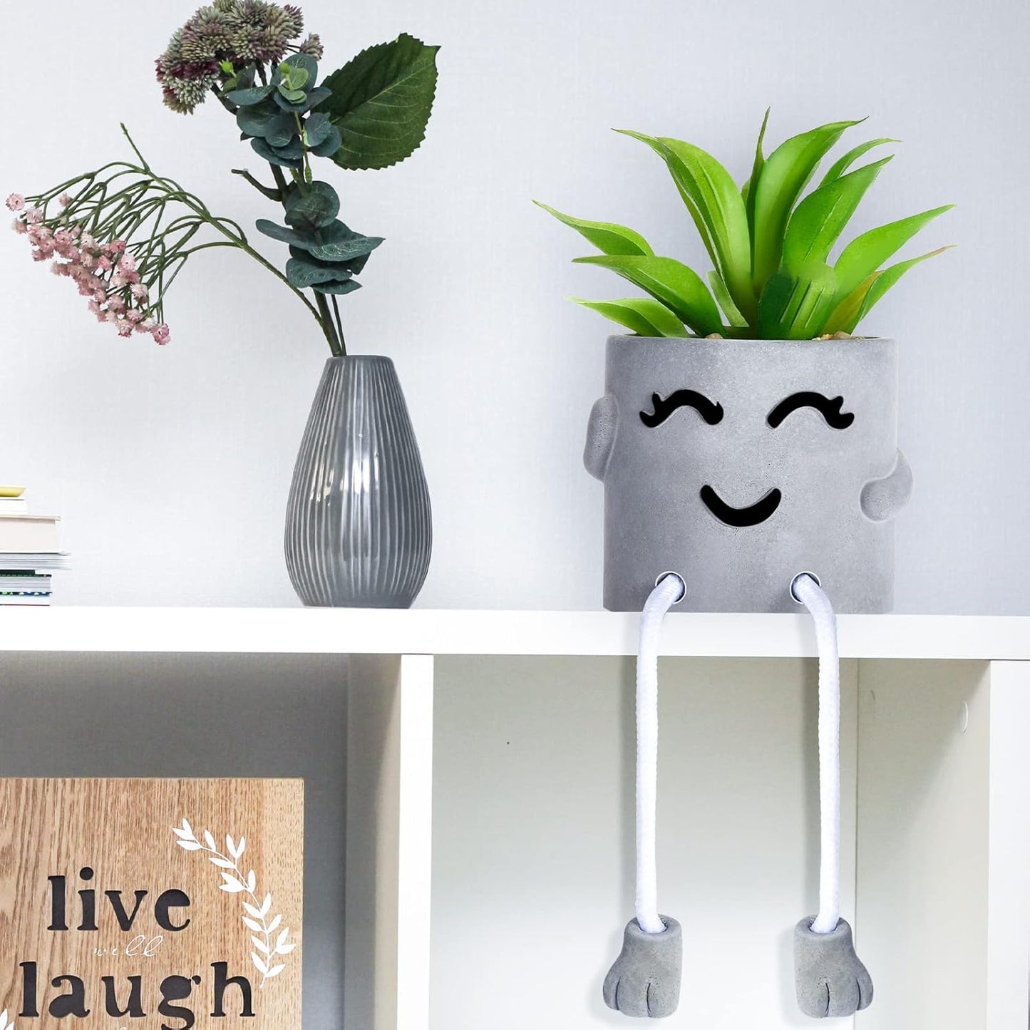 Artificial Potted Plant Faux Succulent Plant Cubicle Decor Cute Fake Desktop Plant Hanging Leg Cement Potted Decor for Bookshelf Bedroom Living Room Office Decor (Simple Style,2 Pcs)