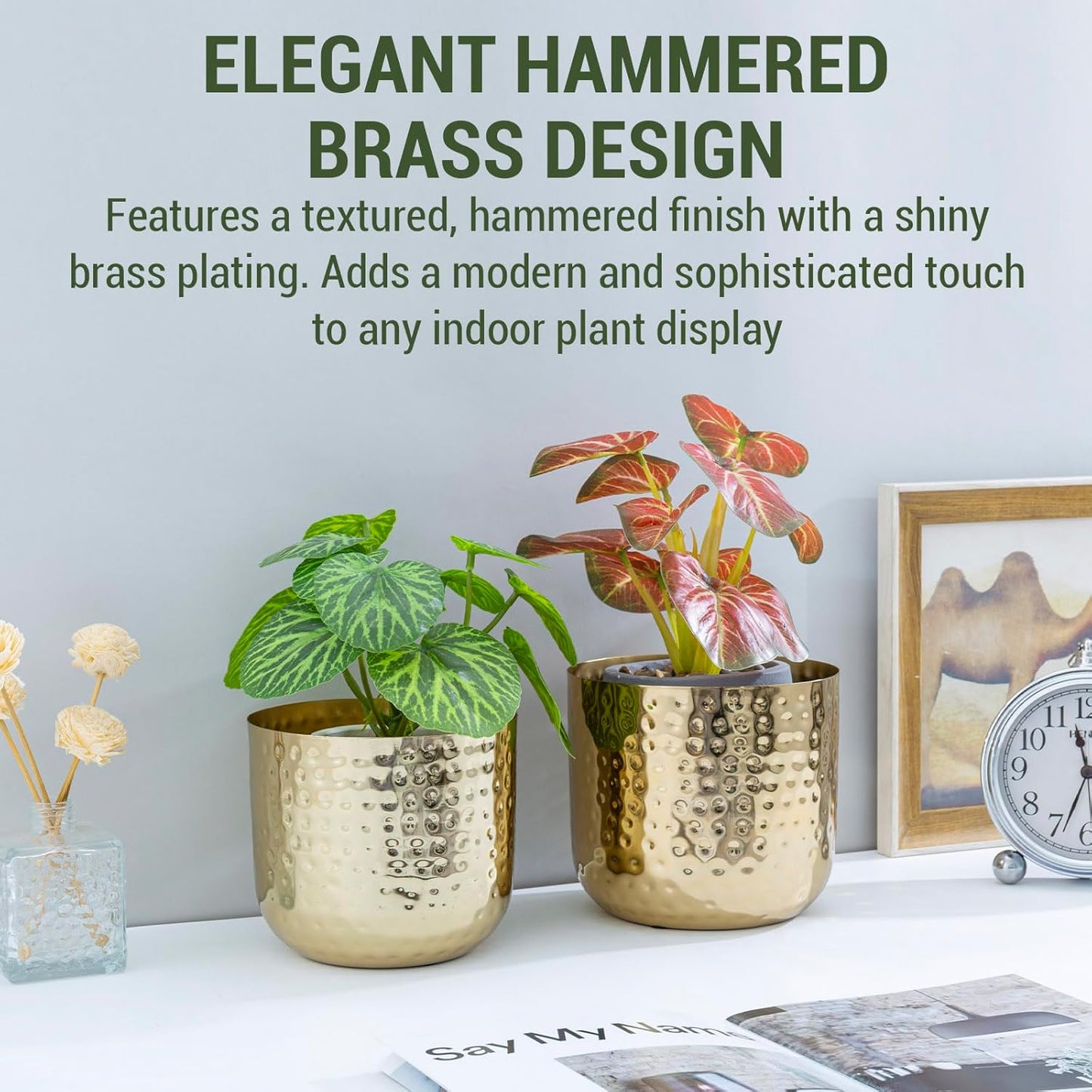 MyGift Modern Hammered Brass Plated Metal Planter Pots – Set of 2 Indoor Plant Containers, 6 & 5-Inch Cylindrical Metallic Planters – Handcrafted in India