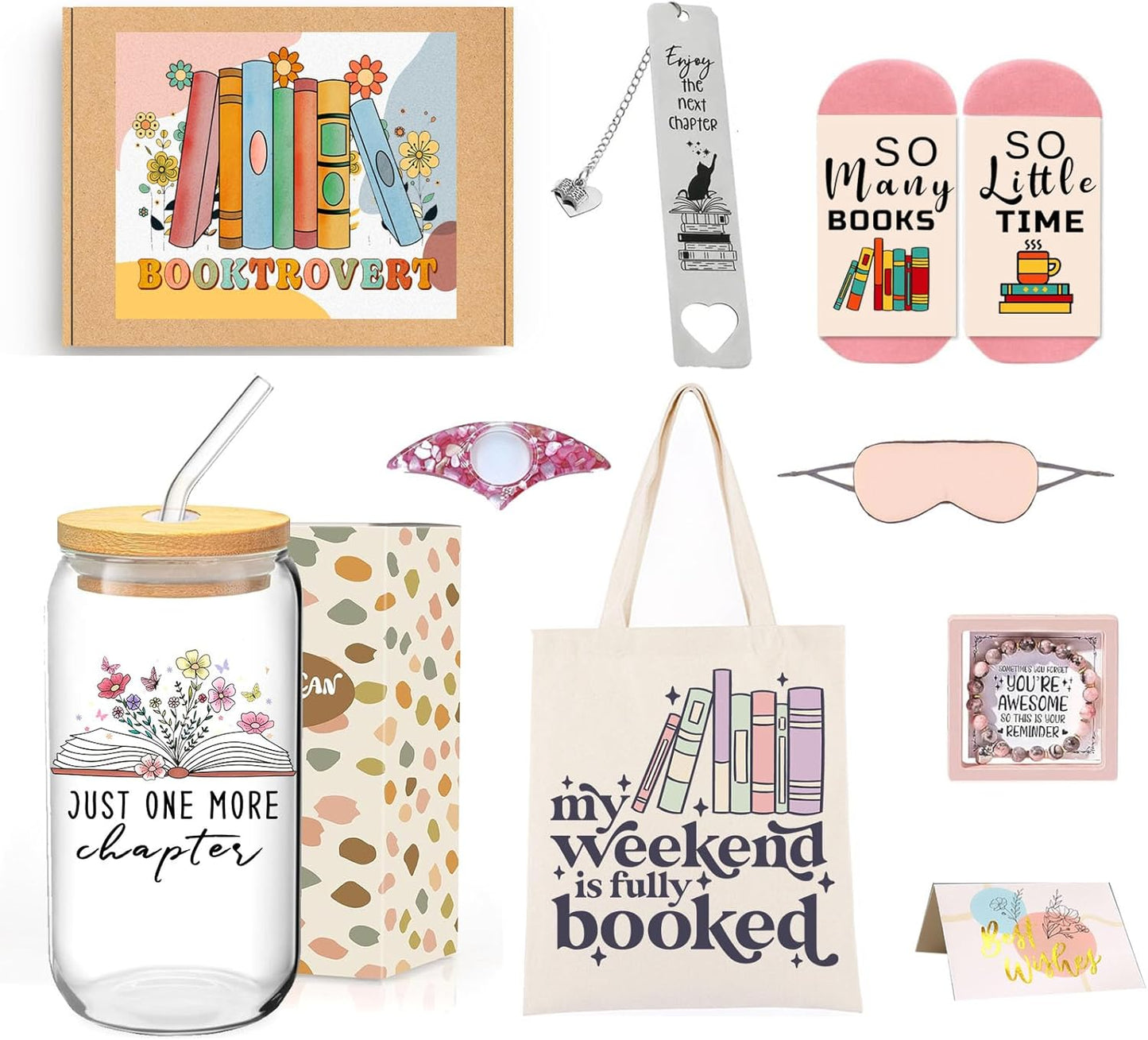 Hqvbvc 8 Pcs Book Lovers Gifts for Women Book Club Accessories Include 16oz Glass Cup Tote Bag Socks Keychain Bookmark Page Holder Birthday Gifts for Readers Librarians, Bookworms Teacher (8pcs)