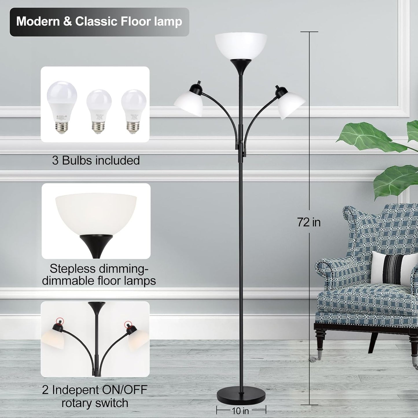 Floor Lamps for Living Room,Standing Lamp with Stepless Dimming, 3 Lights Adjustable Reading Lights, Morden Tall Lamps for Living Room, Bedroom, Office