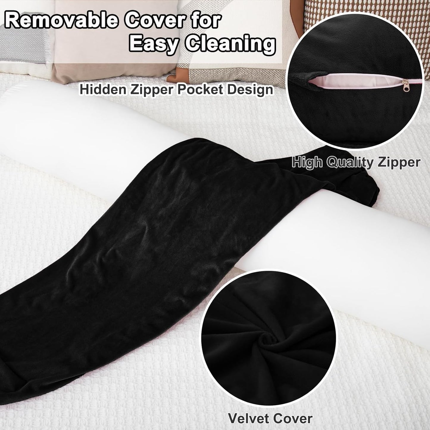 Round Body Pillow for Adults, Long Bolster Pillow for Bed with Removable Velvet Cover, Decorative Tube Roll Cylinder Pillow, 35 x 7.87 Inch, Black