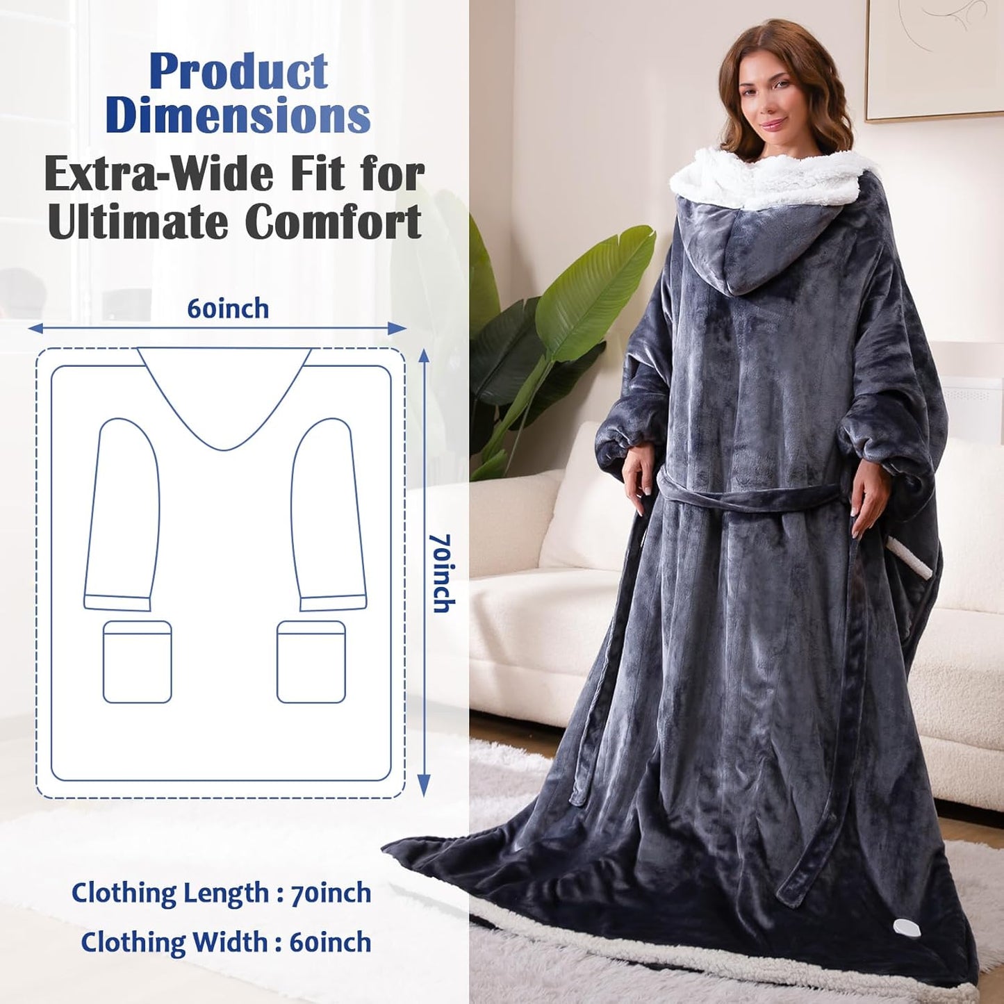 Wearable Heated Blanket Electric Snuggle Throw Blankets,Flannel&Sherpa Heating Blanket with Sleeves Foot Pocket