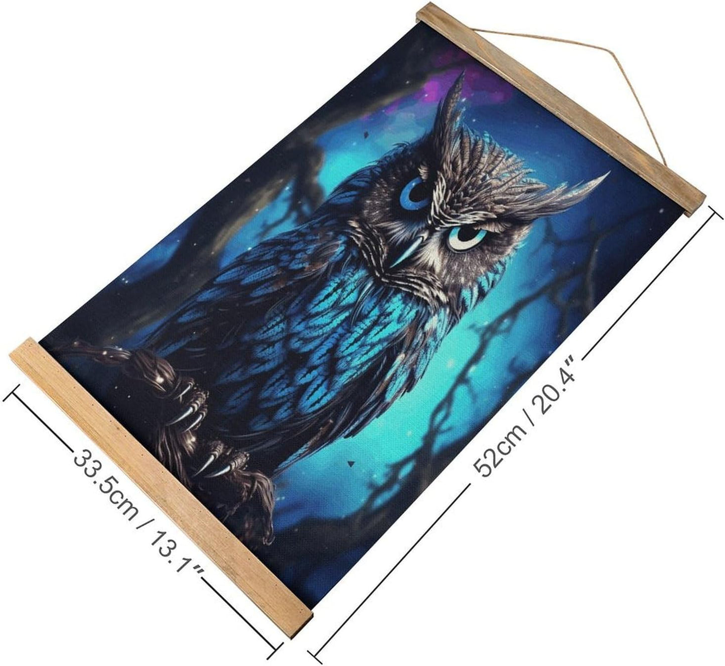 Vintage Blue Owl Poster with Wooden Frame Personalized Linen Hanging Scroll Painting Rustic Wall Hanging Illustrative Modern Artwork Decor for Home Living Room Bedroom Office