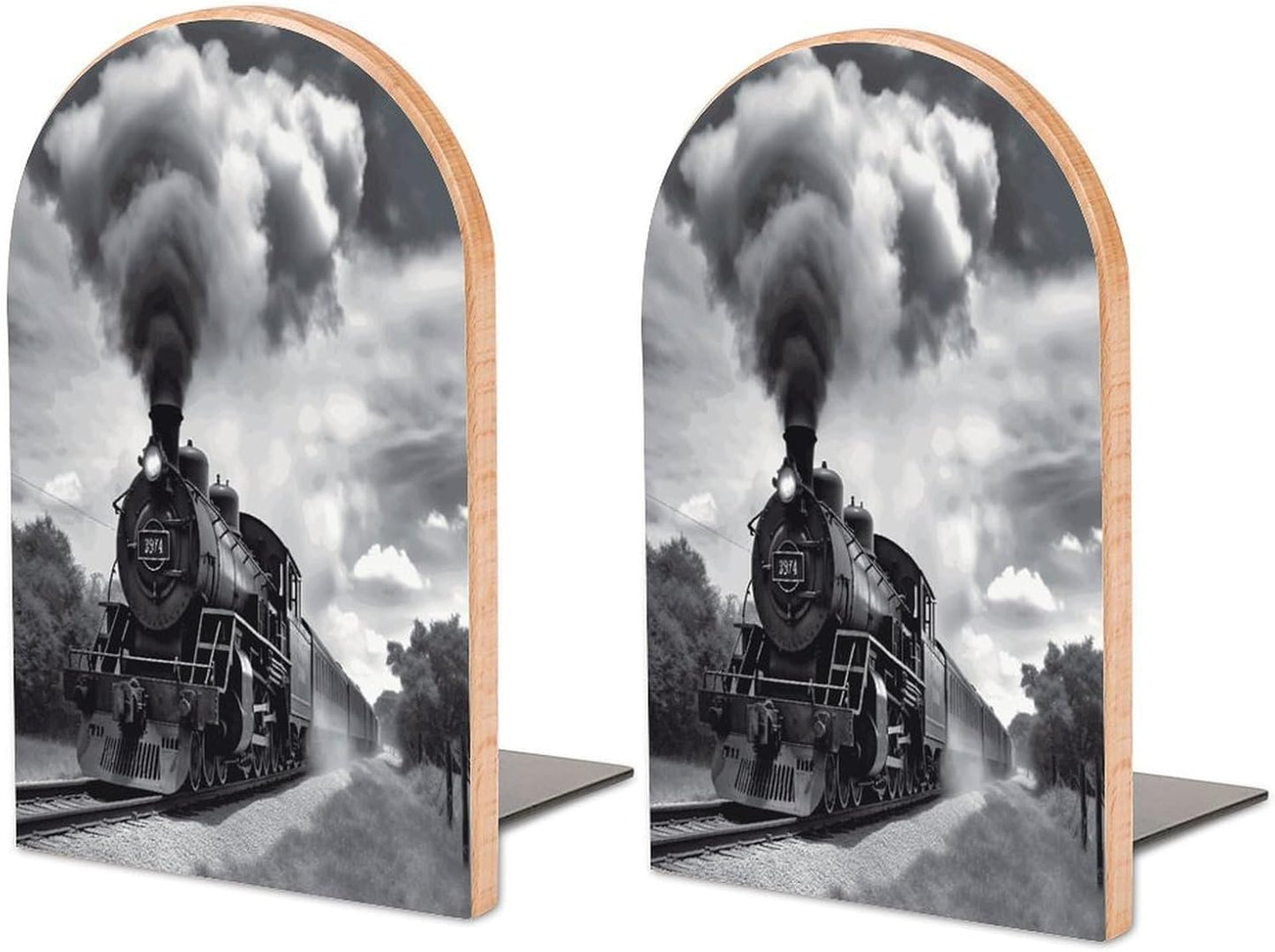 Steam Train Clouds Bookend for Shelves Wooden Book End Large Size Sturdy Book Holders Stoppers with Metal Base for Bookshelves Slick Decorative Bookends Stands