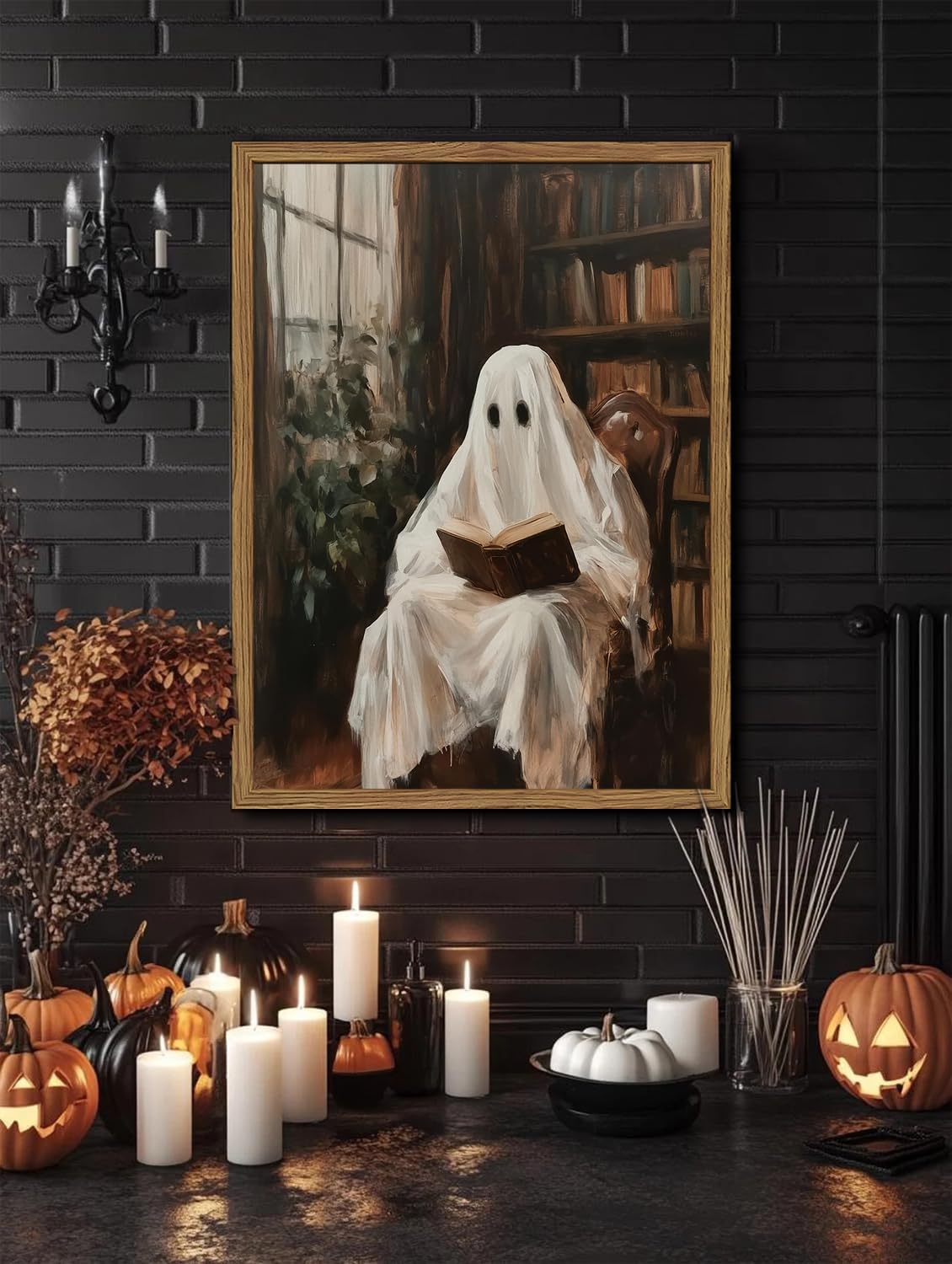 Framed Halloween Ghost Reading Book Canvas Wall Art, Vintage Dark Academia Horror Ghost Pictures Wall Decor Paintings, Gothic Moody Spooky Library Prints for Living Room Bedroom Office Dorm 12x16 inch