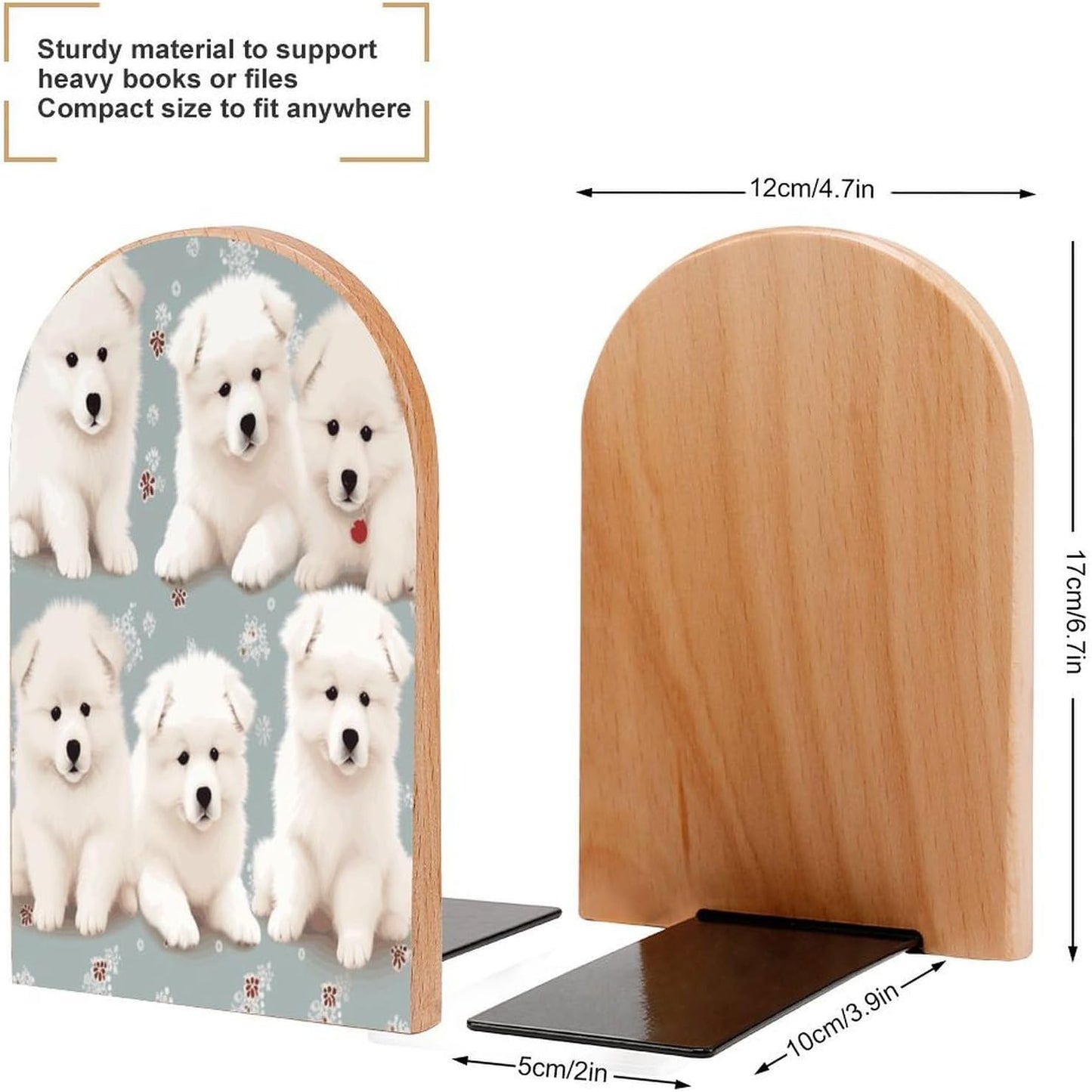 Little White Dogs Pattern Bookend for Shelves Wooden Book End Large Size Sturdy Book Holders Stoppers with Metal Base for Bookshelves Slick Decorative Bookends Stands