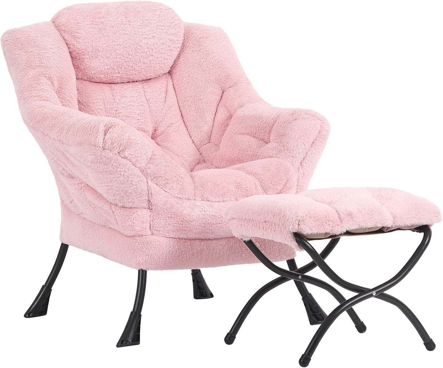 Lazy Chair and Ottoman, Large Contemporary Plush Pink Accent Chair with Side Pocket, Modern Leisure Upholstered Reading Armchair with Footrest for Office, Bedroom, Living Room, Dorm, Balcony