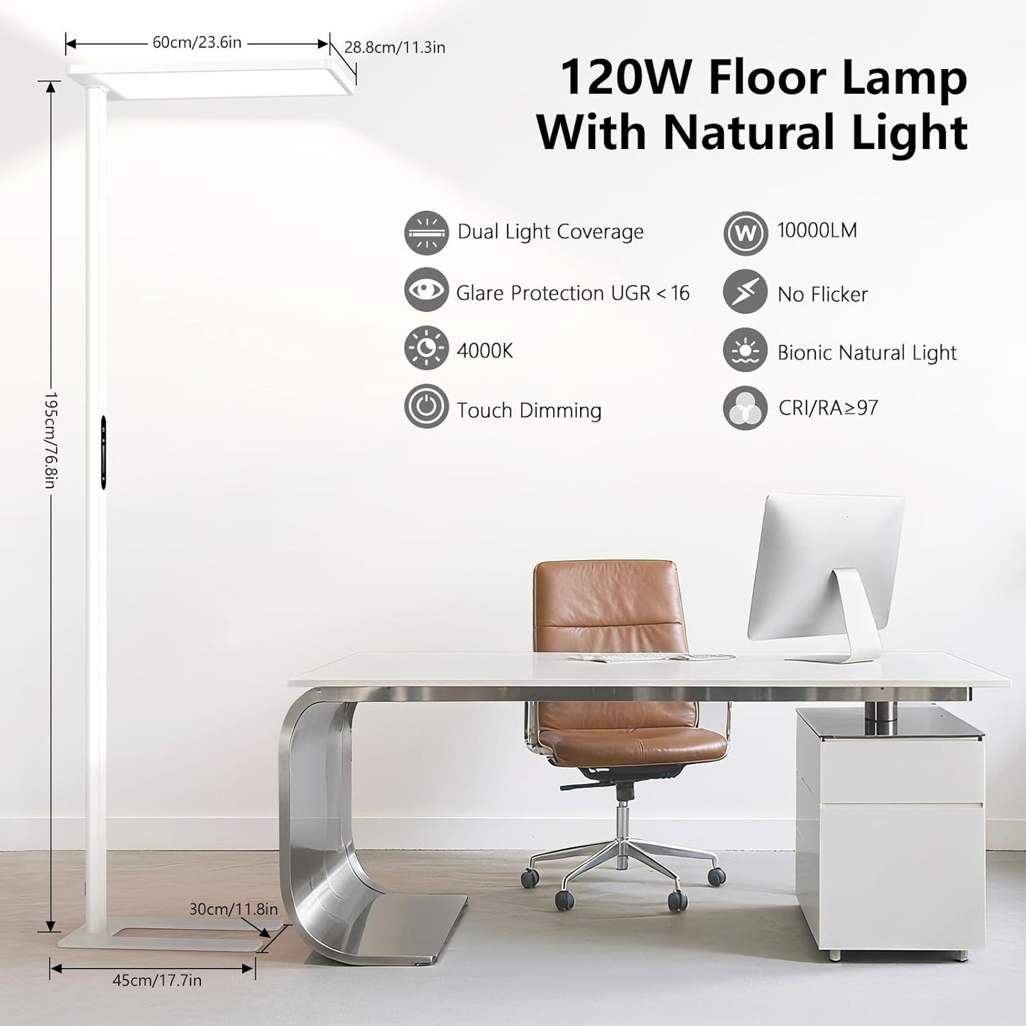 120W Led Floor Lamp, 10000LM Full Spectrum Eye Care Standing Lamp, 77" Tall Floor Lamp with 4000K Natural Daylight, Dimmable Bright Standing Light for Bedroom, Living Room, Study Room, Office