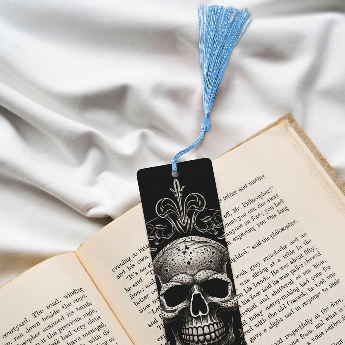 Patterned Skull Bookmarks Gifts for Women Men, Wooden Bookmarks for Book Lovers, Vintage Book Marks Ornaments with Tassel, Unique Personalized Reading Page Markers Sky Blue
