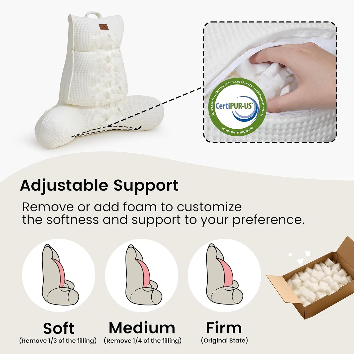 Amélie Home Premium Cooling Waffle Reading Pillow, Qmax>0.37 Ergonomic Backrest Support with Pocket & Handle, Breathable Lounging Pillow for Bed Sofa Floor Summer, 29 Inches, Ivory