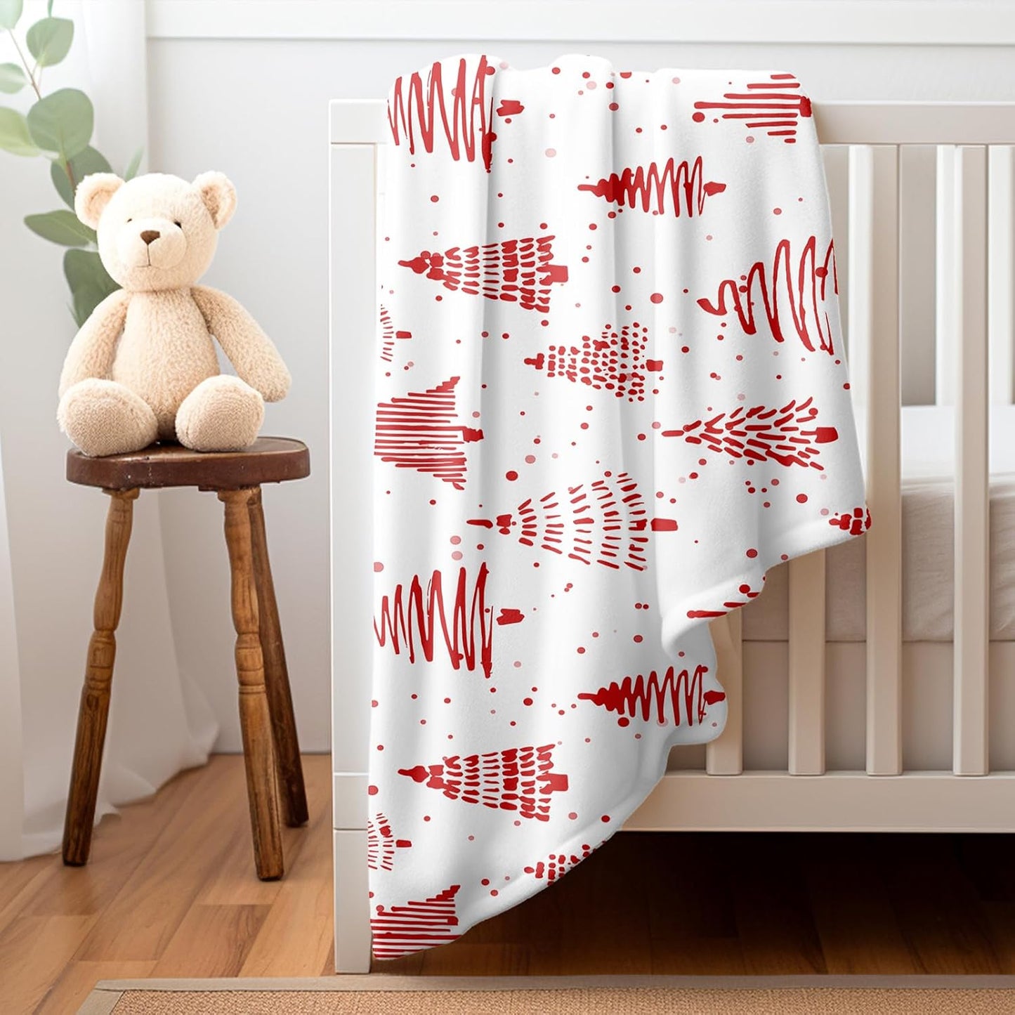 Christmas Tree Throw Blanket, Winter Red White Xmas Tree Warm Flannel Blanket for Living Room Couch Bed Chair or Dorm, 50x60 Inch
