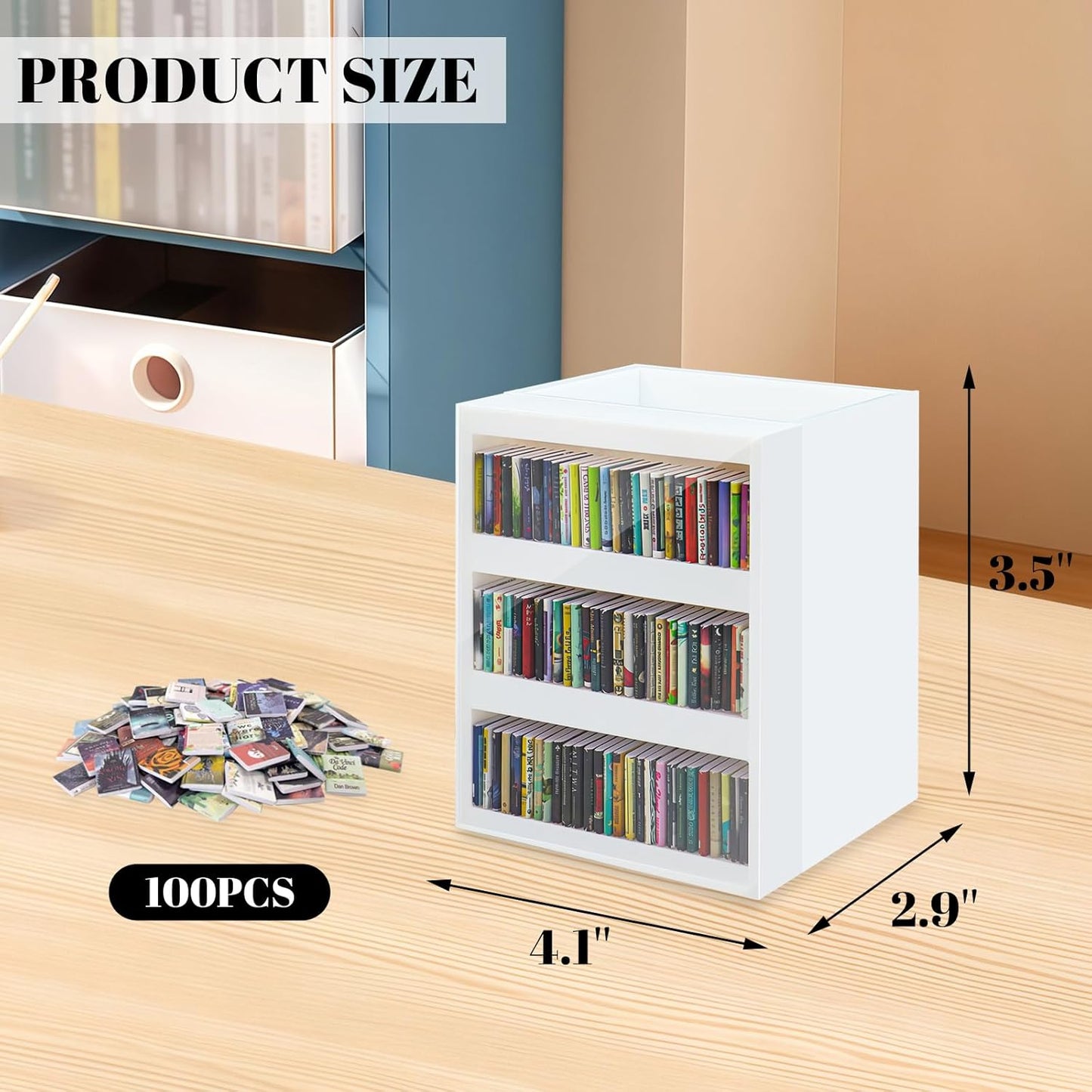 Anxiety Bookshelf Ornament Mini Bookshelf Miniature Library with 100pcs Mini Books, Mini Bookstore, Shake Off Your Anxiety, Bookmark or Pencil Holder Organizer for Book Lovers Home Decor (White)