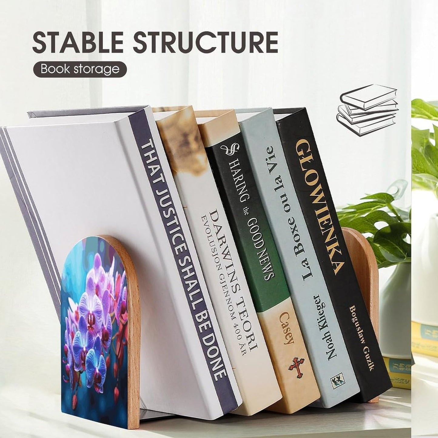 Colorful Orchids Flower Bookends 1 Pair Heavy Duty Book Ends for Shelves Non-Skid Bookend Supports Wooden Book Holders with Metal Base Desk Organizers Books Storage to Hold Books