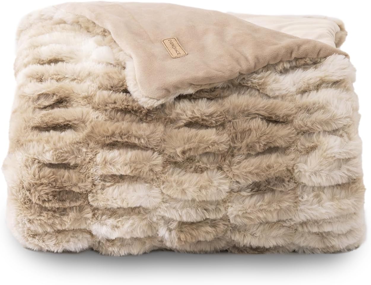 EVERGRACE Luxurious Soft Faux Rabbit Fur Throw Blanket, Cozy Fuzzy Plush Warm Throws for Couch Bed Sofa Chair Home Decor, Ruched Bubble Fluffy Blanket with Reversible Velvet, 60" x 80", Beige