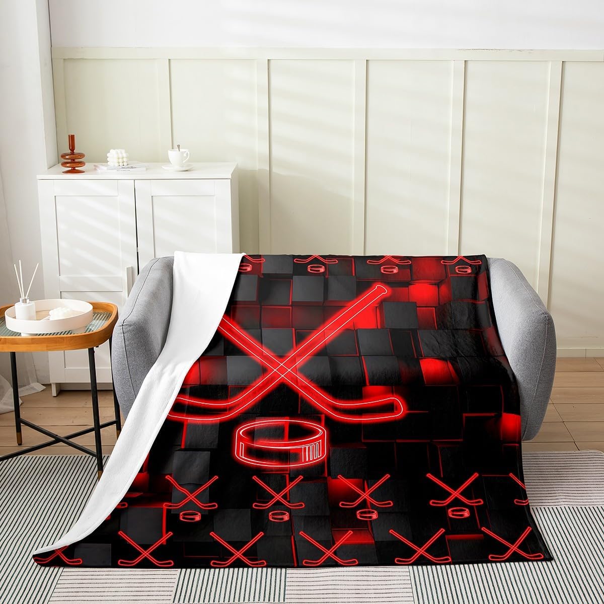 Feelyou Kids Red and Black Flannel Fleece Throw Blanket Ice Hockey Fuzzy Blanket Throw 50"x60" for Boys Bedroom DecorHoneycomb All Season Bed Blanket Ombre Abstract Plush Blanket