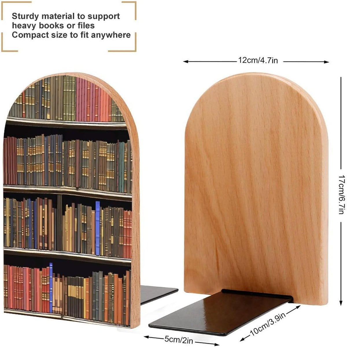 Library Bookshelf Wooden Bookend Non-Slip Book Ends Heavy Duty Book Stopper with Metal Base Books Holderd Decorative Bookends Stands Firmly for Office Supplies