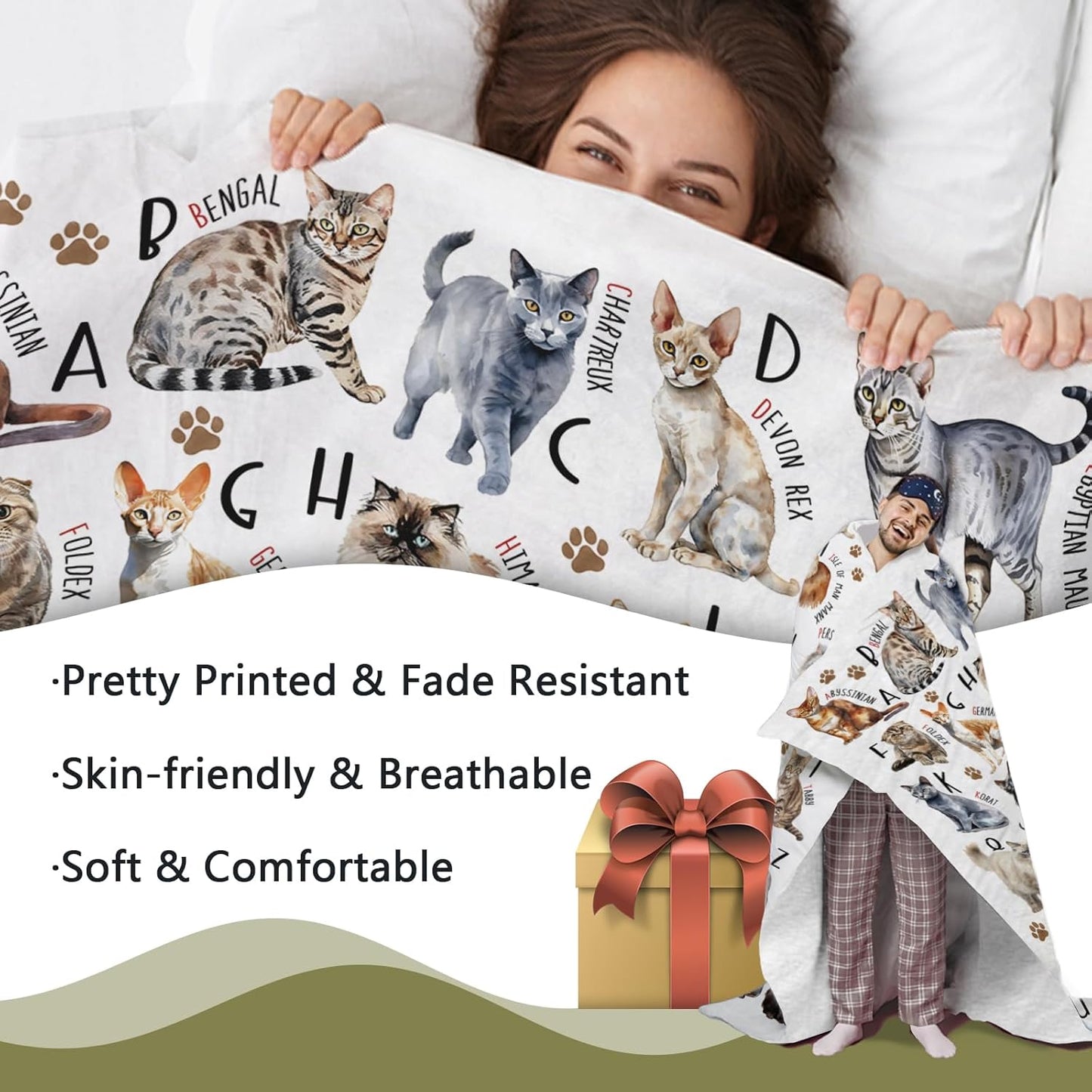 Cat Alphabet Flannel Throw Blanket, Cute Pet Breed Letter ABC Learning Birthday Gifts for Kids Boys Girls, Paw Prints Soft Bedding Sofa Blankets Present for Cat Lover Owner 50" x 60"