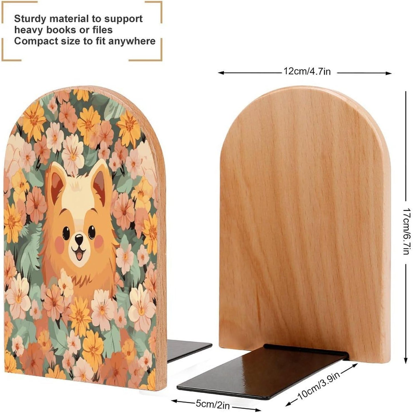 Pomeranians Cartoon Flowers Bookend for Shelves Wooden Book End Large Size Sturdy Book Holders Stoppers with Metal Base for Bookshelves Slick Decorative Bookends Stands