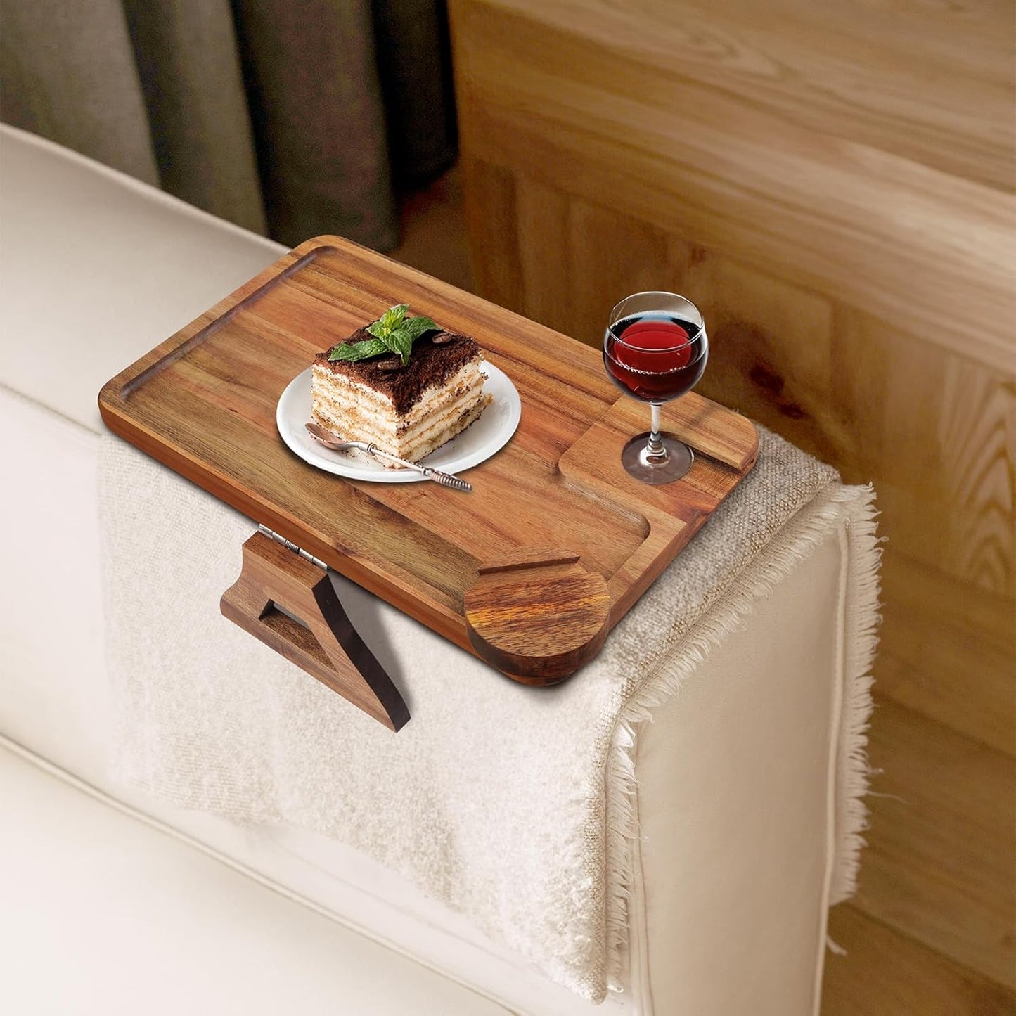 Comfoyar Couch Arm Tray, Acacia Wood Sofa Clip-On Couch Desk Tray with Wine Glass Holder, Foldable Armchair Table with Phone Holder, Food Desk for Drinks Snacks Eating Remote Control