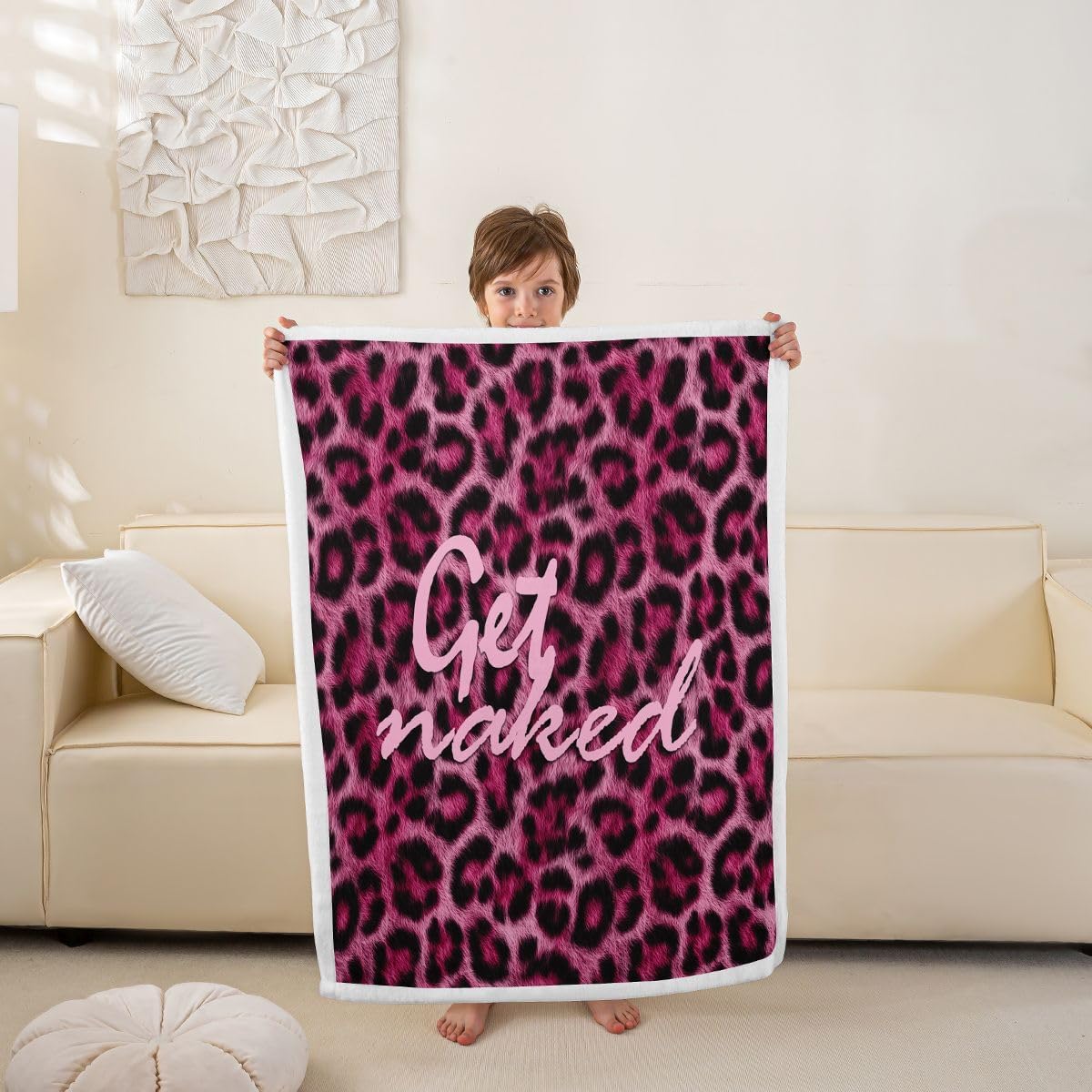 Feelyou Leopard Print Get Naked Sherpa Throw Blanket for Couch Funny Quotes Super Soft Cozy Fleece Pink Blanket for Winter, Plush Throw Cheetah 40"x50" All Season