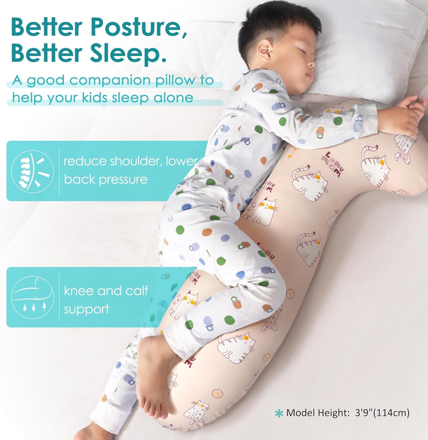 BYRIVER 35" Small Body Pillow for Kids Girls with Washable Cute Kitten Cotton Pilllow Cover, Gift for Kids Age 3+
