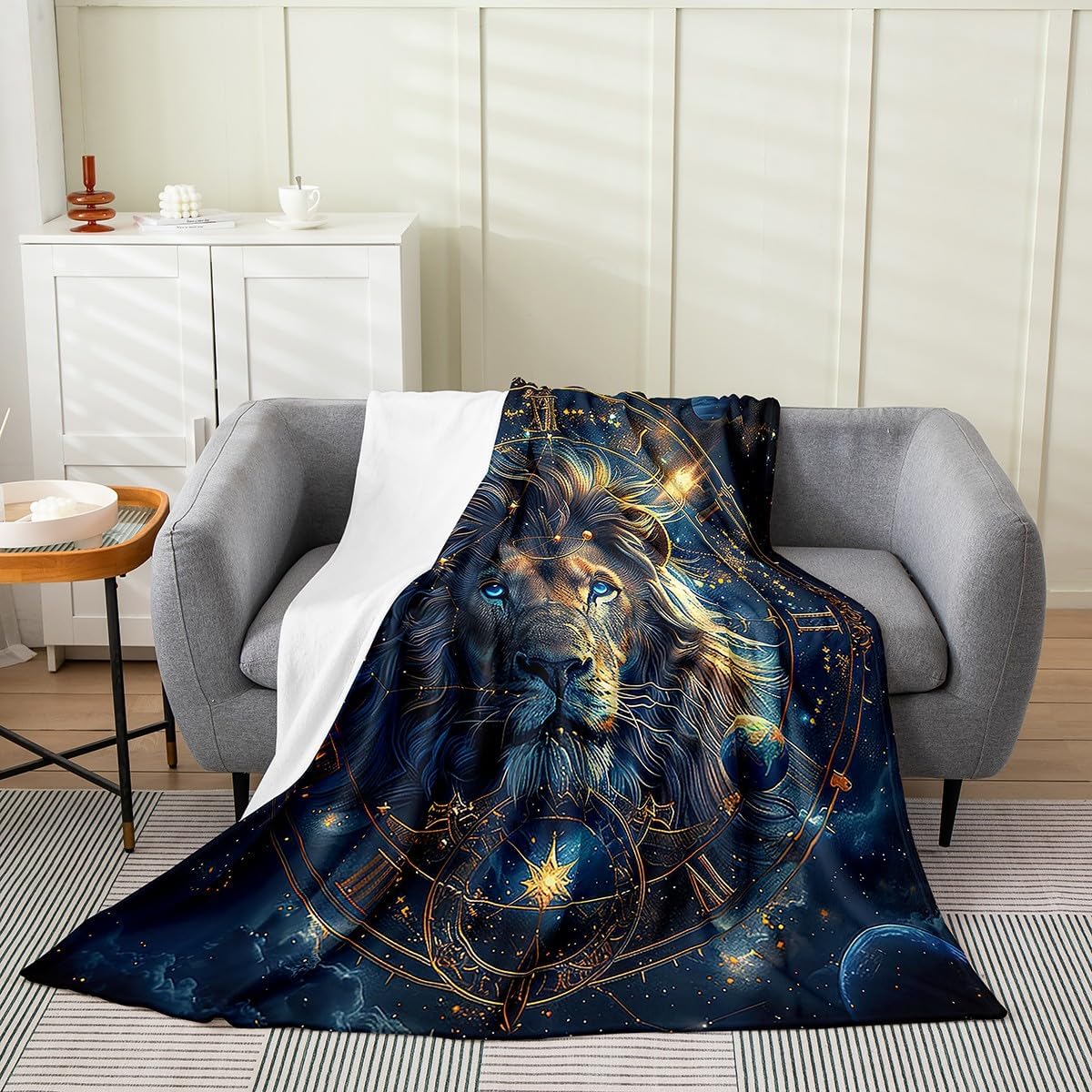 Lion Flannel Blanket Boys Girls,Leo Constellations Astrology Zodiac Golden Glitter Fuzzy Blanket All Season Bed Blanket,Wild Animal Starry Blue Galaxy Plush Blanket,Throw 50 x 60 Inches