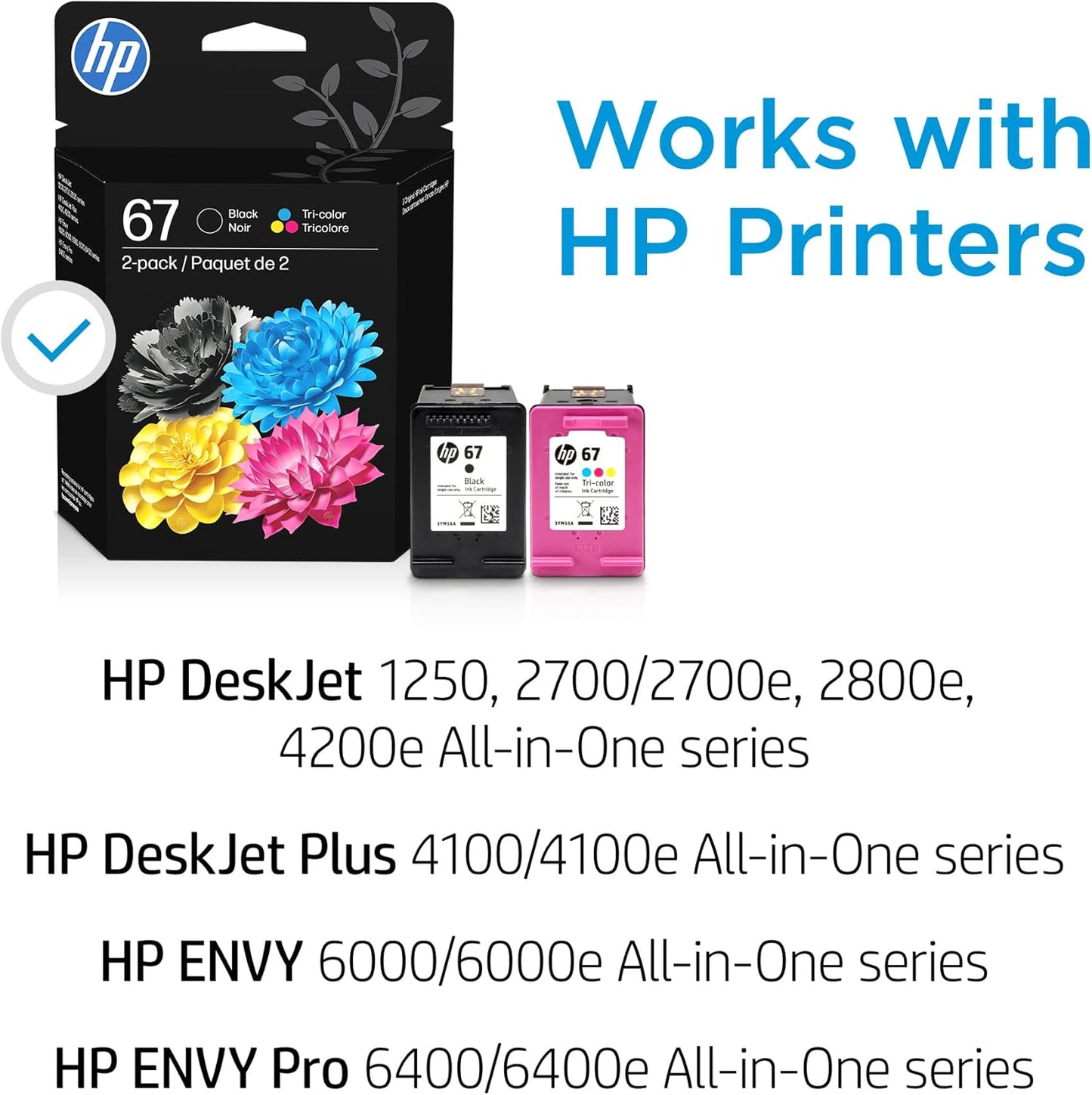 HP 67 Black/Tri-Color Ink Cartridges (2-Pack) | Works with DeskJet 1255, 2700, 4100, Envy 6000, 6400 | Instant Ink Eligible | 3YP29AN | Packaging May Vary