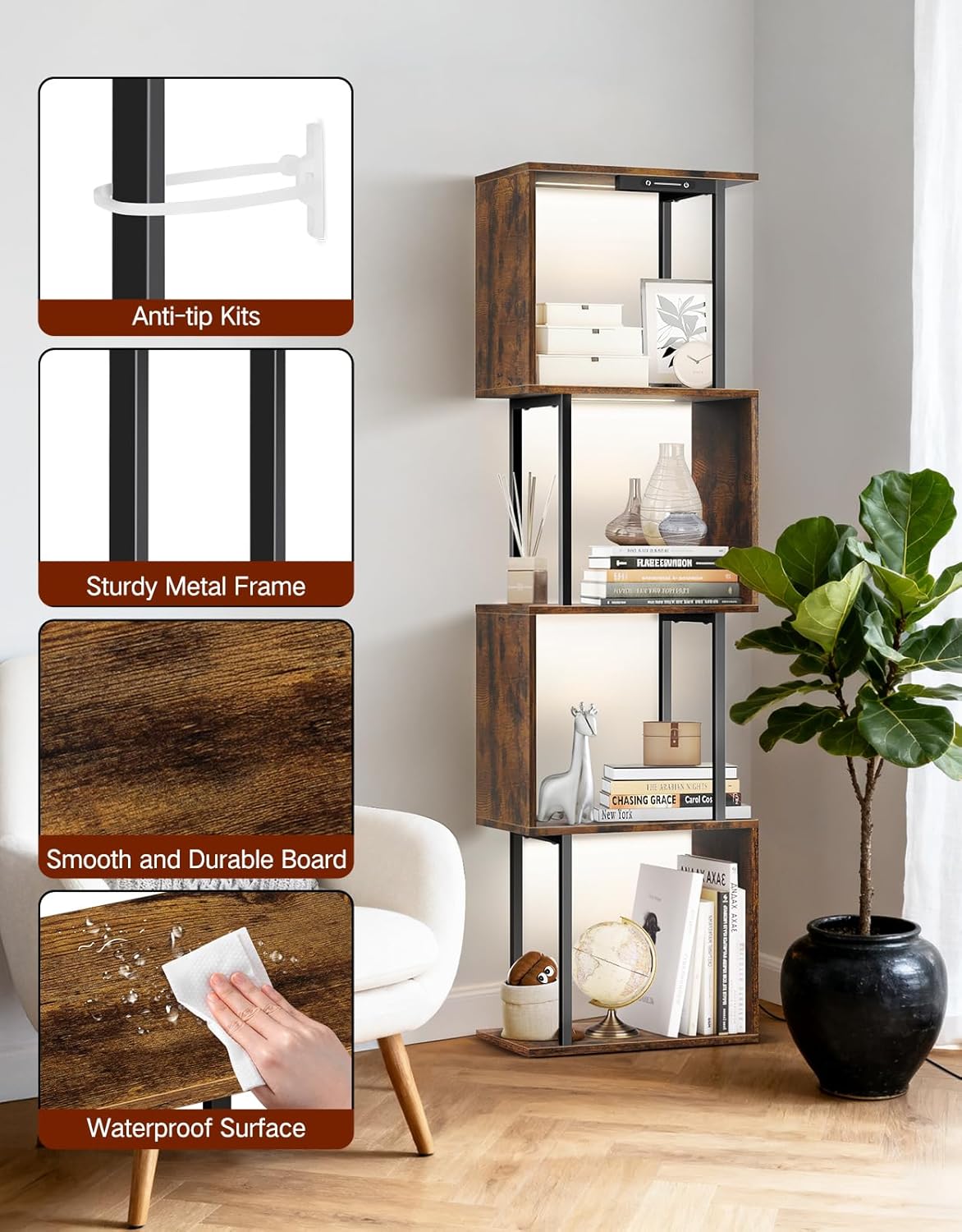 5 Tier S-Shaped Geometric Bookshelf with LED Light, 3 Color Temperatures, Touch & Remote Control, Dimmable Standing Bookcase, Small Display Shelf for Living Room, Bedroom, Office