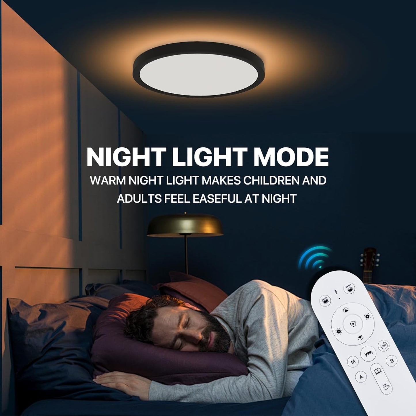 Dimmable LED Flush Mount Ceiling Light Fixture with Remote Control, 24W 2400LM, 12Inch, 2000K Warm Night Light & 3000K-6500K, Modern Super Slim Ceiling Lamp for Bedroom Kitchen, Black, 1 Pack