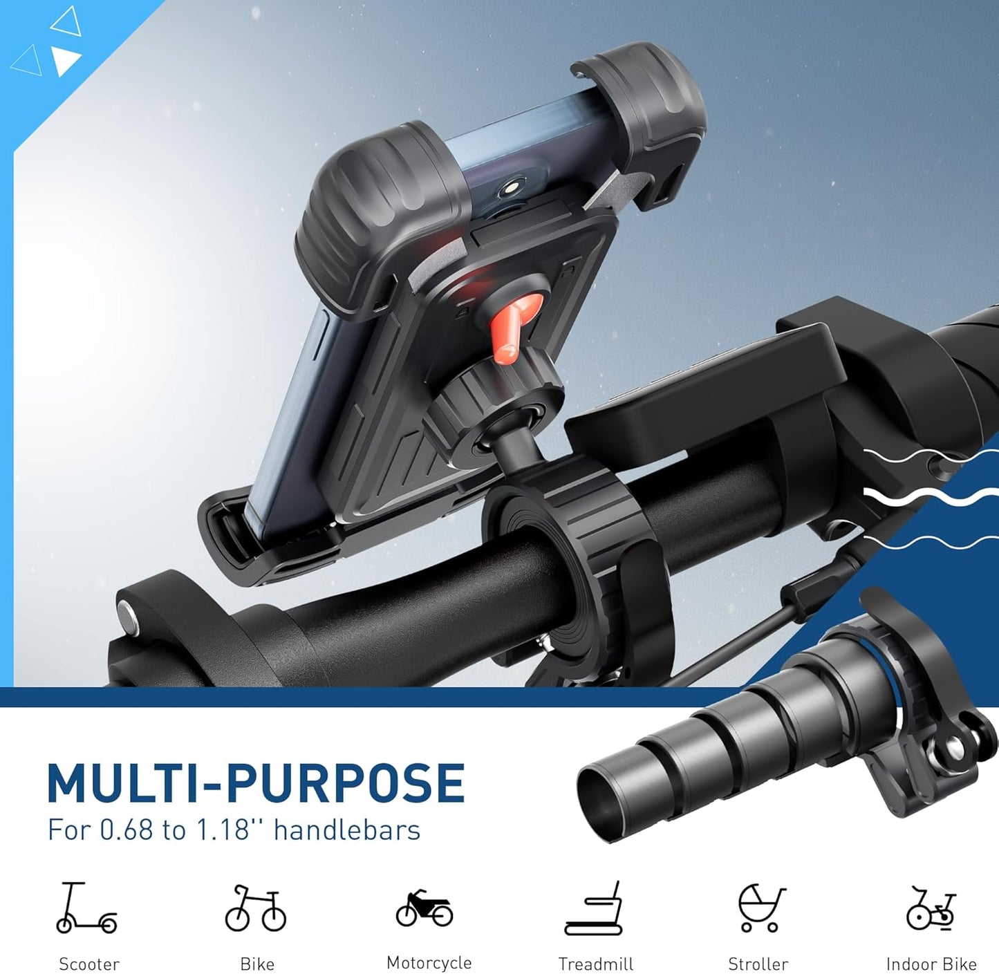 Hiboy Bike Phone Holder, 360° Rotatable Universal Motorcycle Phone Mount, Wrap Anti Shake Bicycle Scooter Handlebar Phone Clip for 5.1-6.8" Cellphone